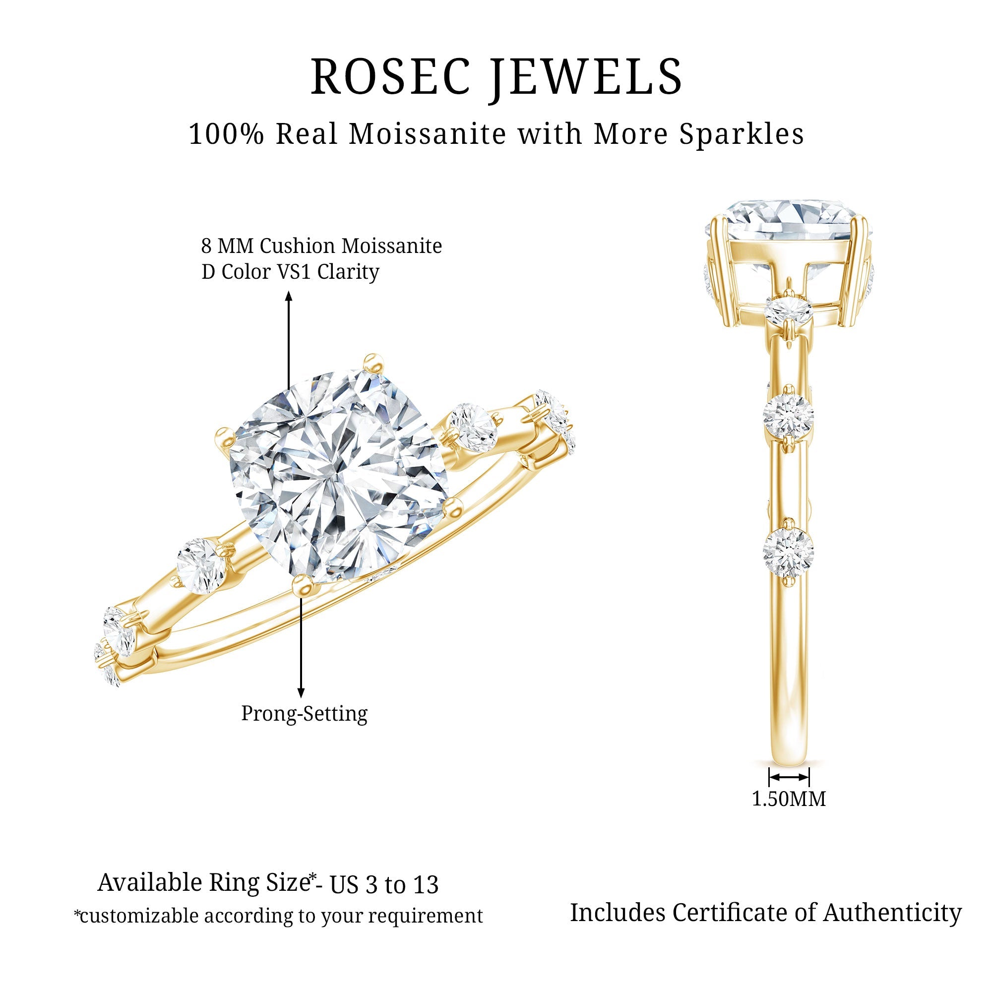 Certified Cushion Cut Moissanite Huge Engagement Ring