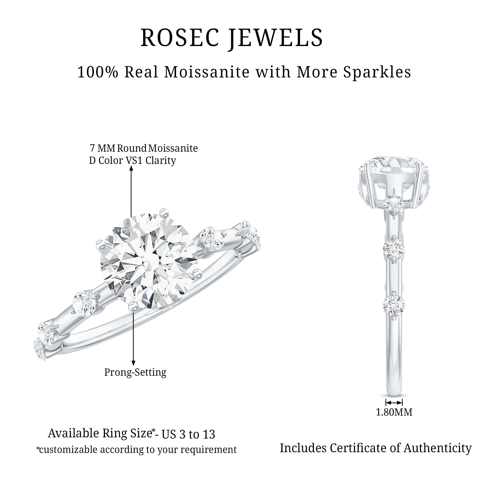 Certified Round Shape Moissanite Solitaire Engagement Ring