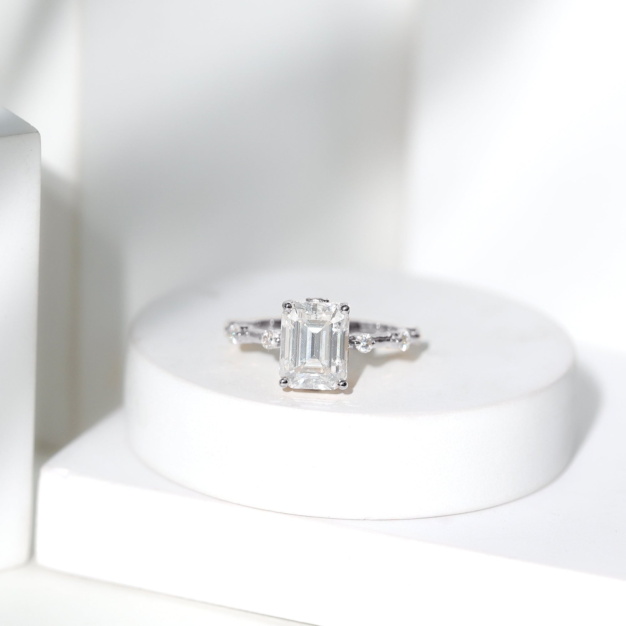 Emerald Cut Moissanite Large Engagement Ring With Certificate
