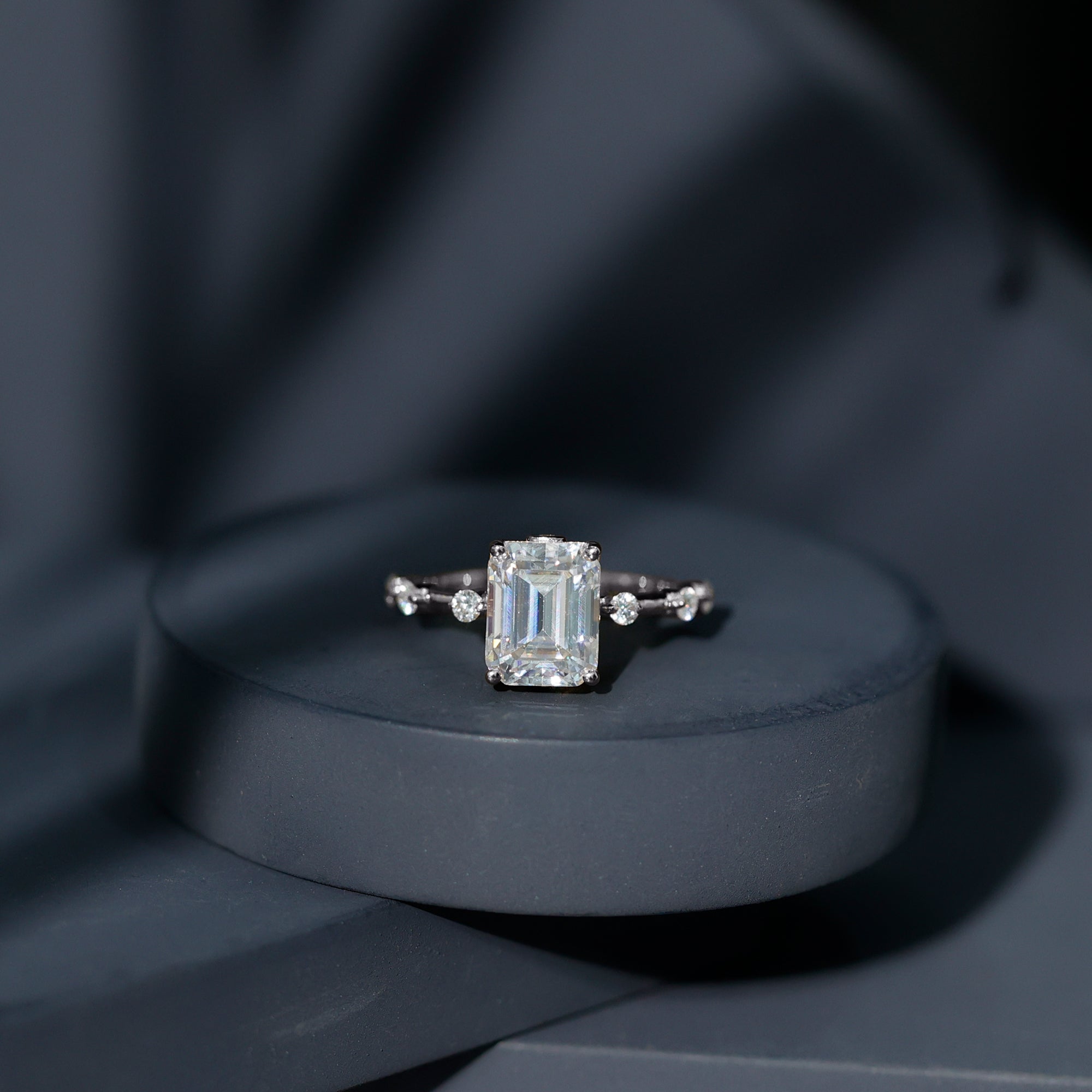 Emerald Cut Moissanite Large Engagement Ring With Certificate