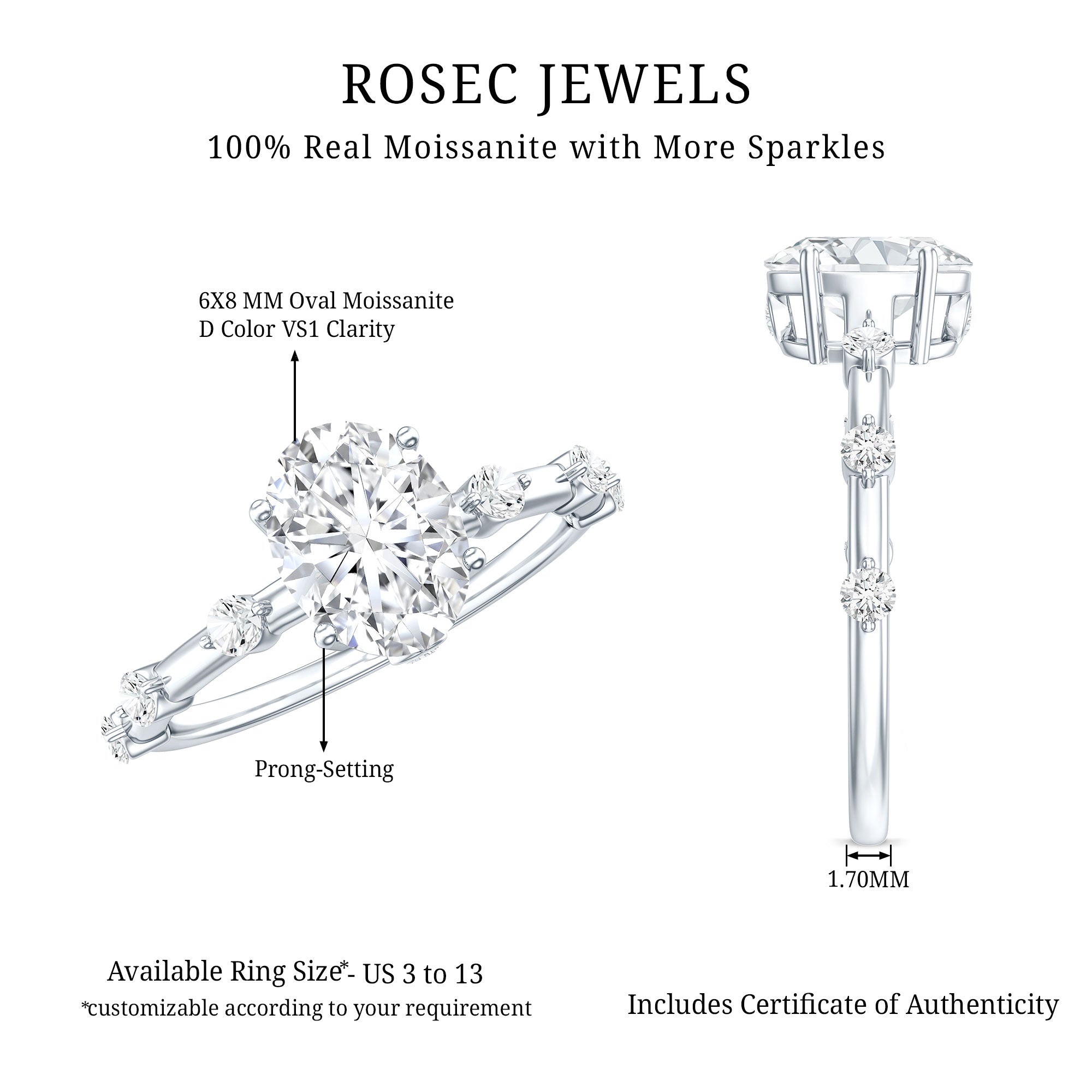 Certified 1 Carat Moissanite Oval Engagement Ring for Women