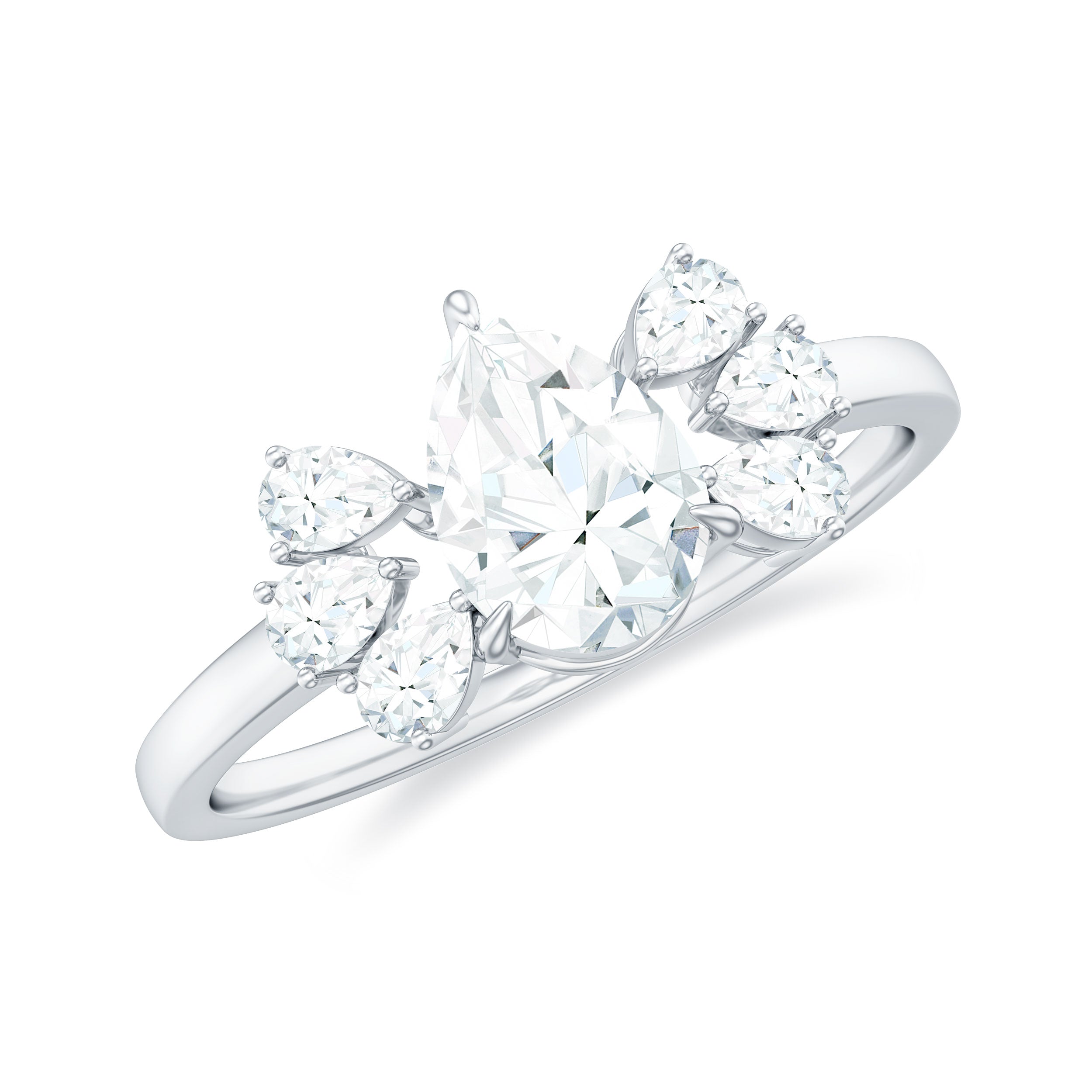 Certified Moissanite Pear Shape Engagement Ring with Trio
