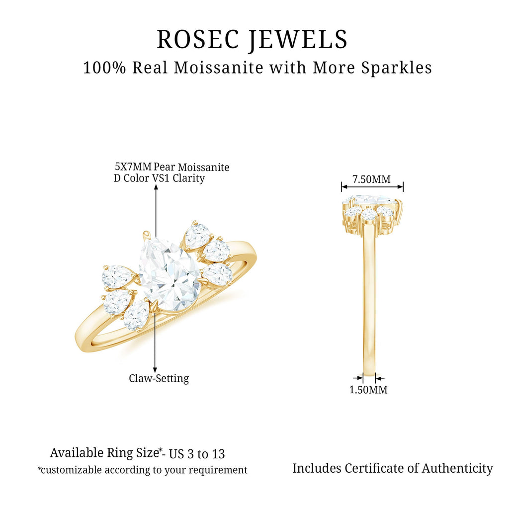 Certified Moissanite Pear Shape Engagement Ring with Trio