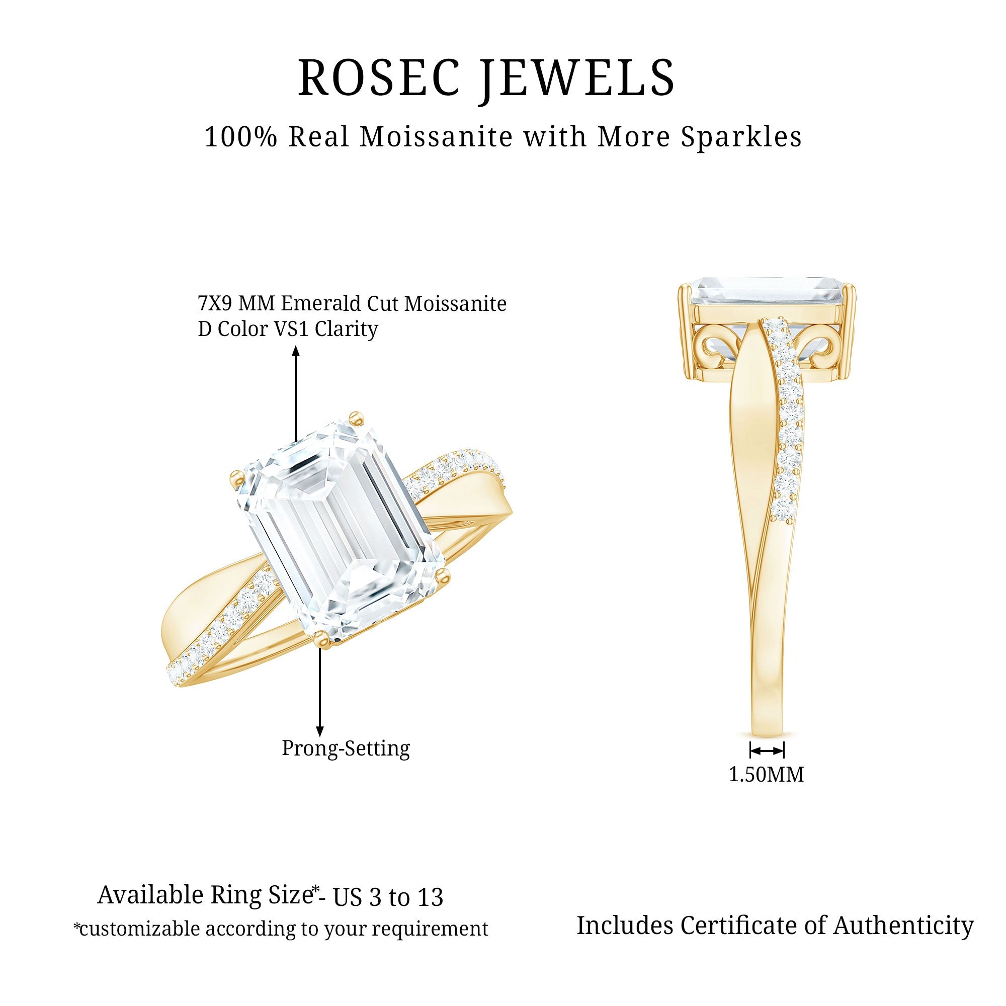 2.8 Carat Emerald Cut Moissanite Solitaire Classic Engagement Ring