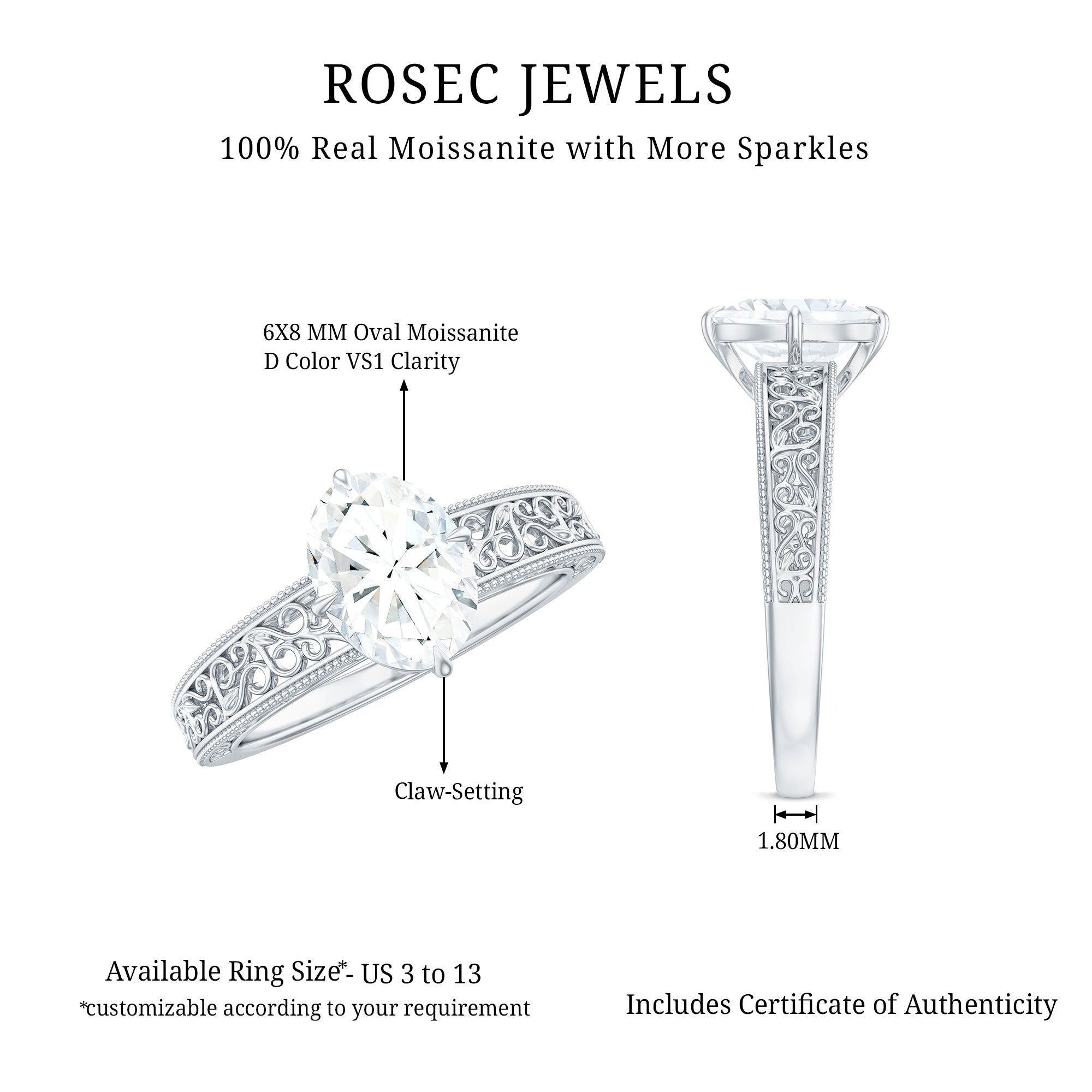 1.2 Carat Moissanite Oblong Engagement Ring with Filigree Shank