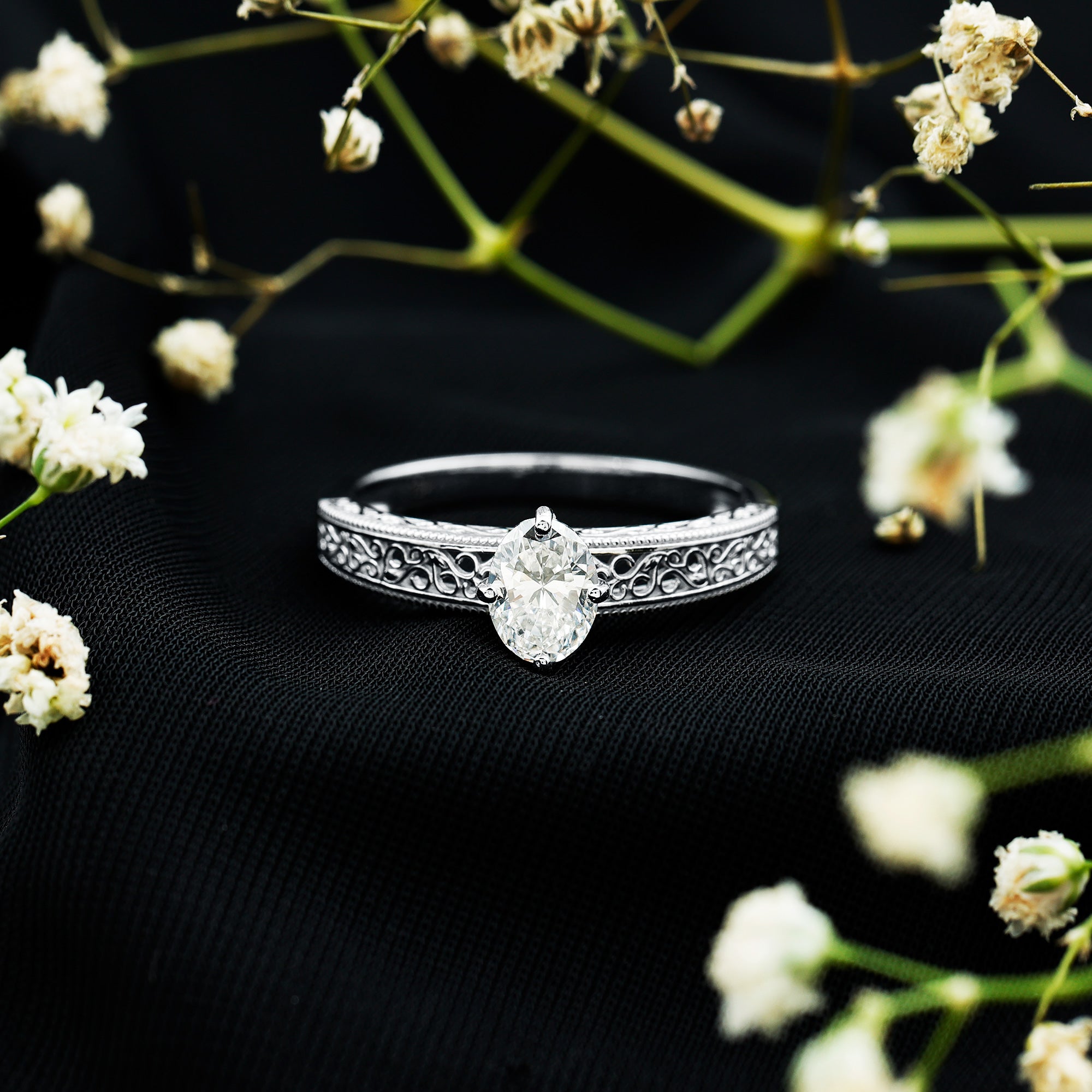 1.2 Carat Moissanite Oblong Engagement Ring with Filigree Shank
