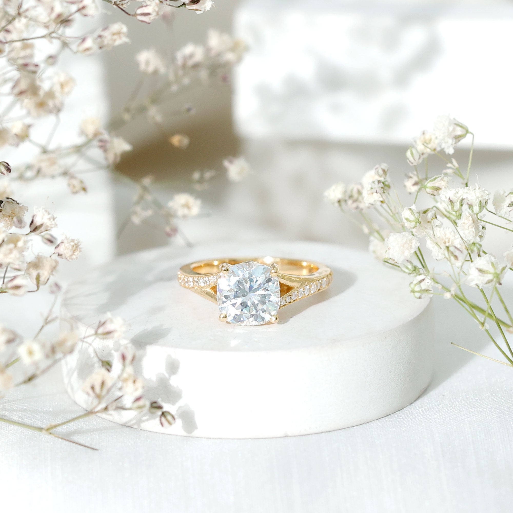 Huge Cushion Cut Moissanite Engagement Ring with Split Shank