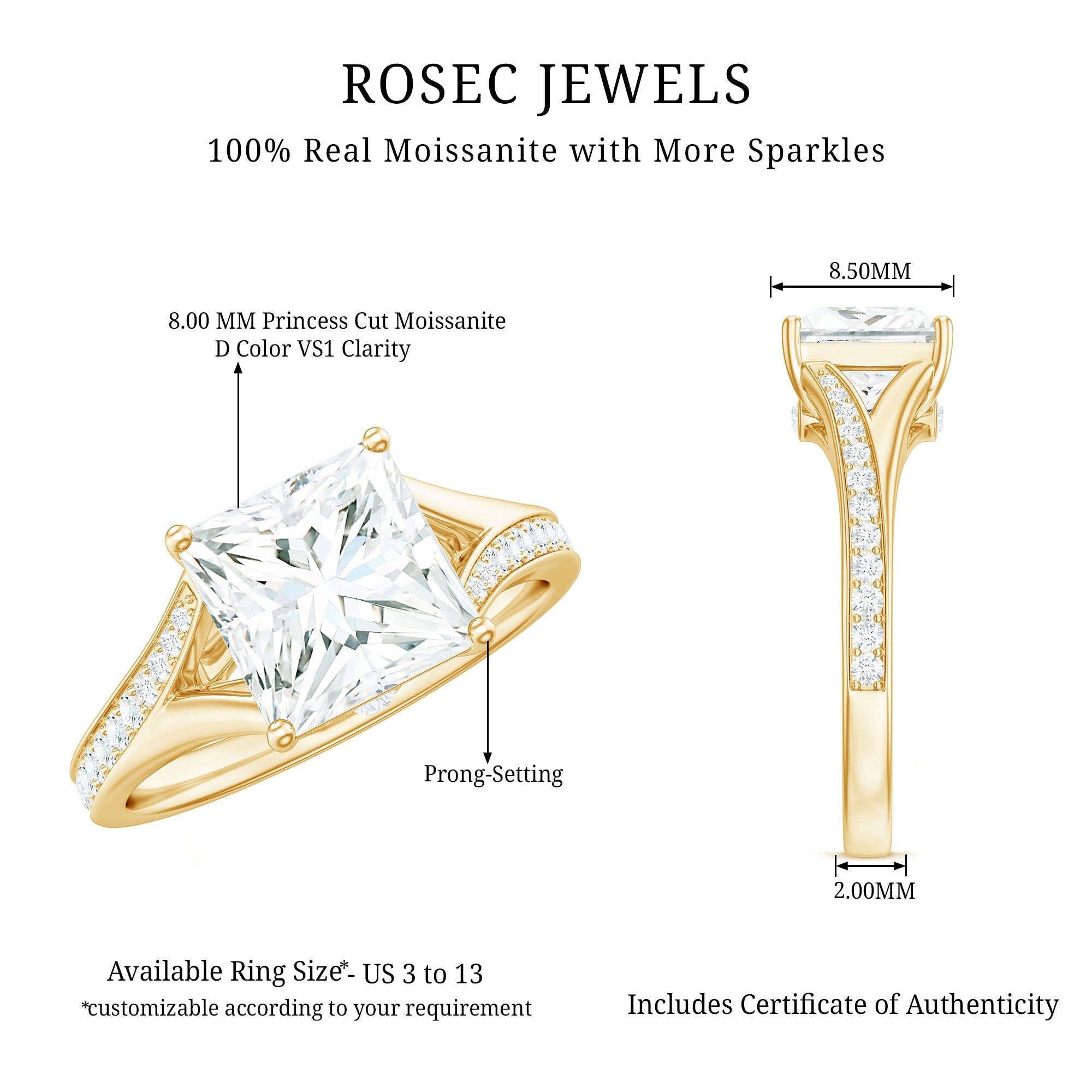 3 Carat Princess Cut Moissanite Solitaire Engagement Ring with Split Shank