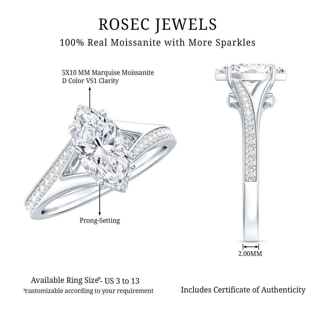 Marquise Cut Moissanite Solitaire Engagement Ring with Split Shank