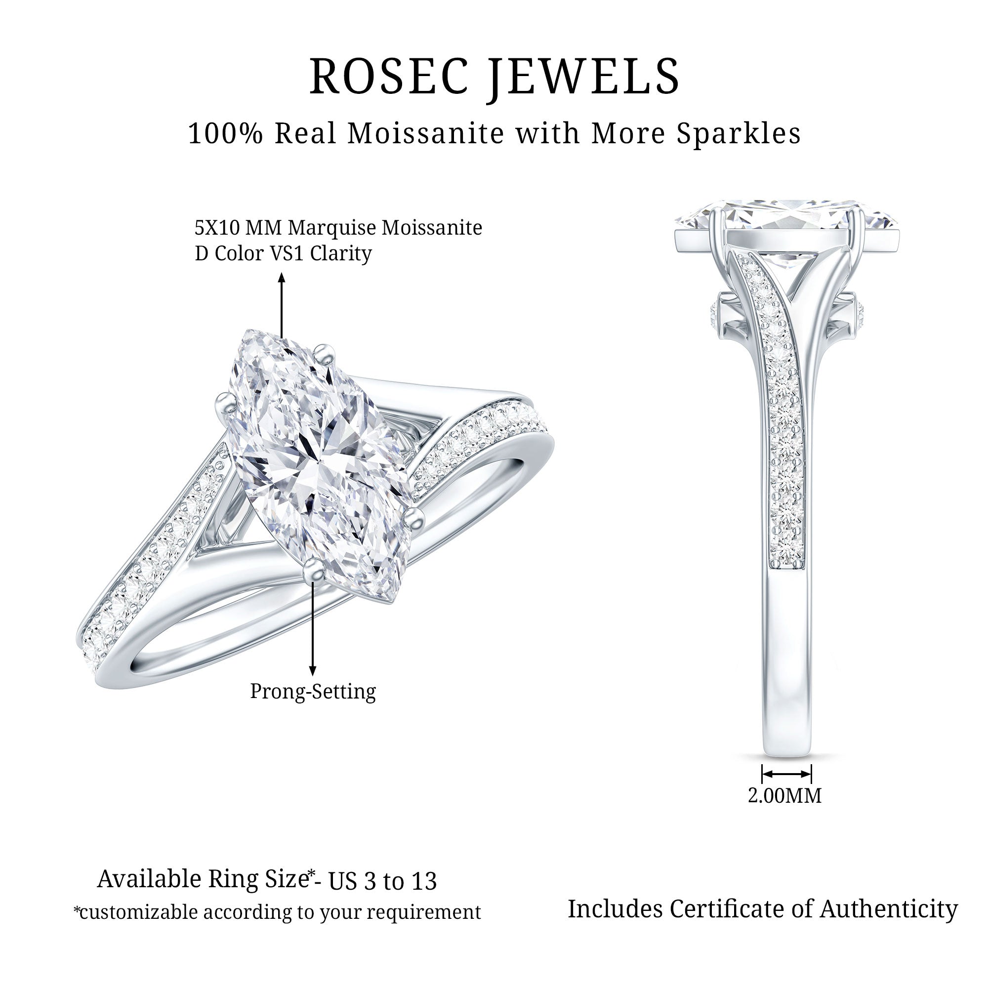 Marquise Cut Moissanite Solitaire Engagement Ring with Split Shank