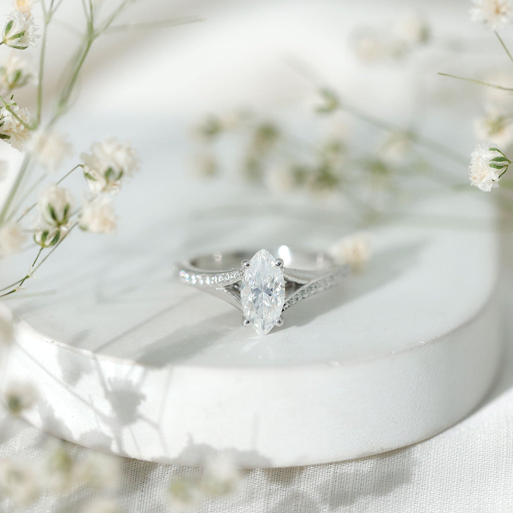 Marquise Cut Moissanite Solitaire Engagement Ring with Split Shank