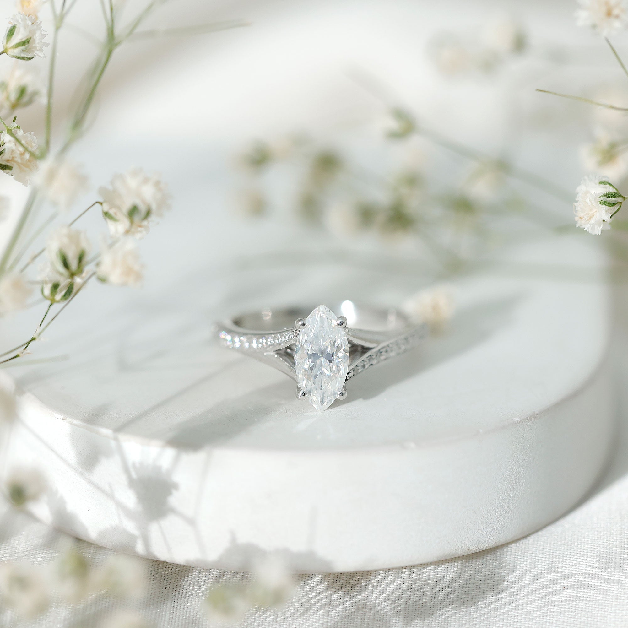 Marquise Cut Moissanite Solitaire Engagement Ring with Split Shank