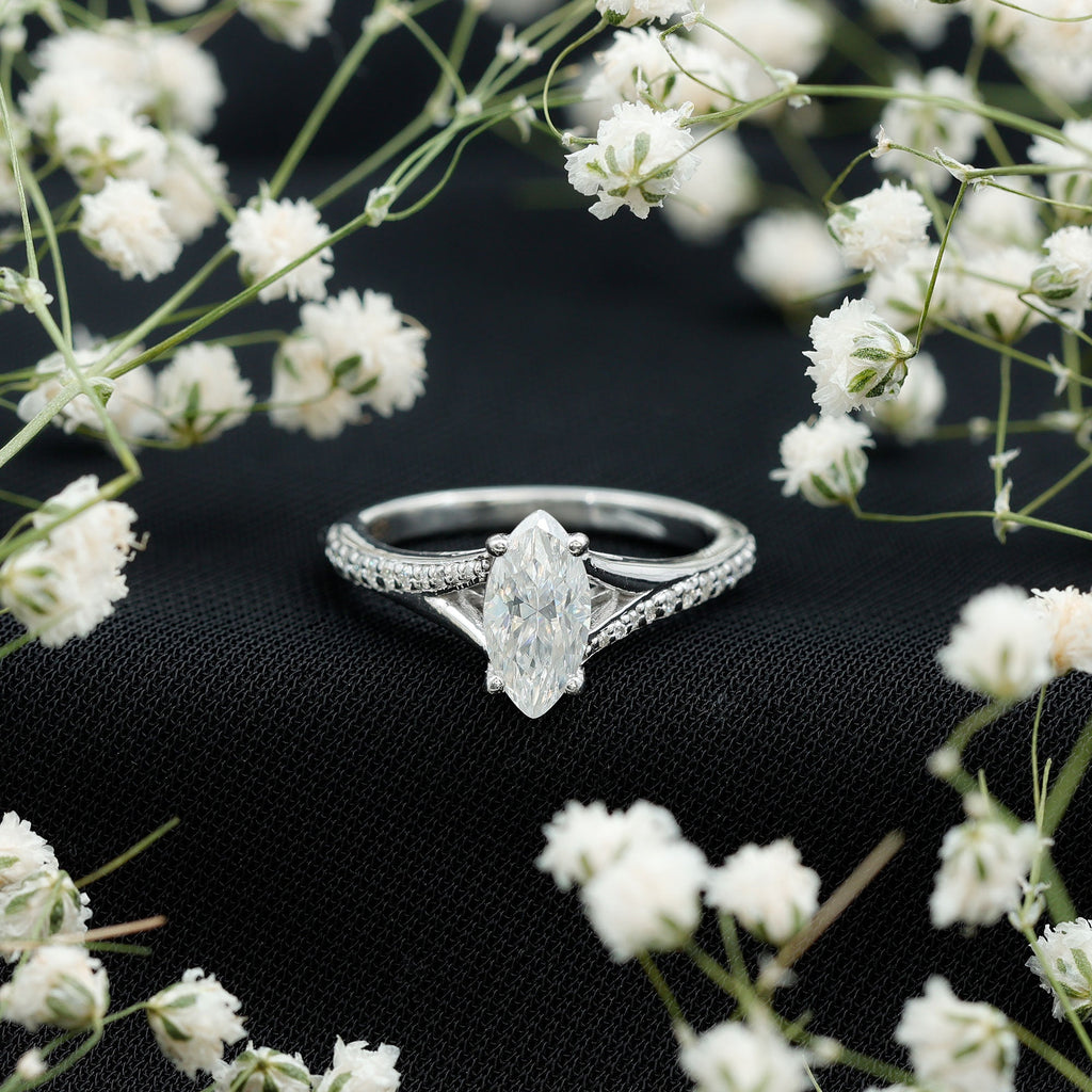 Marquise Cut Moissanite Solitaire Engagement Ring with Split Shank