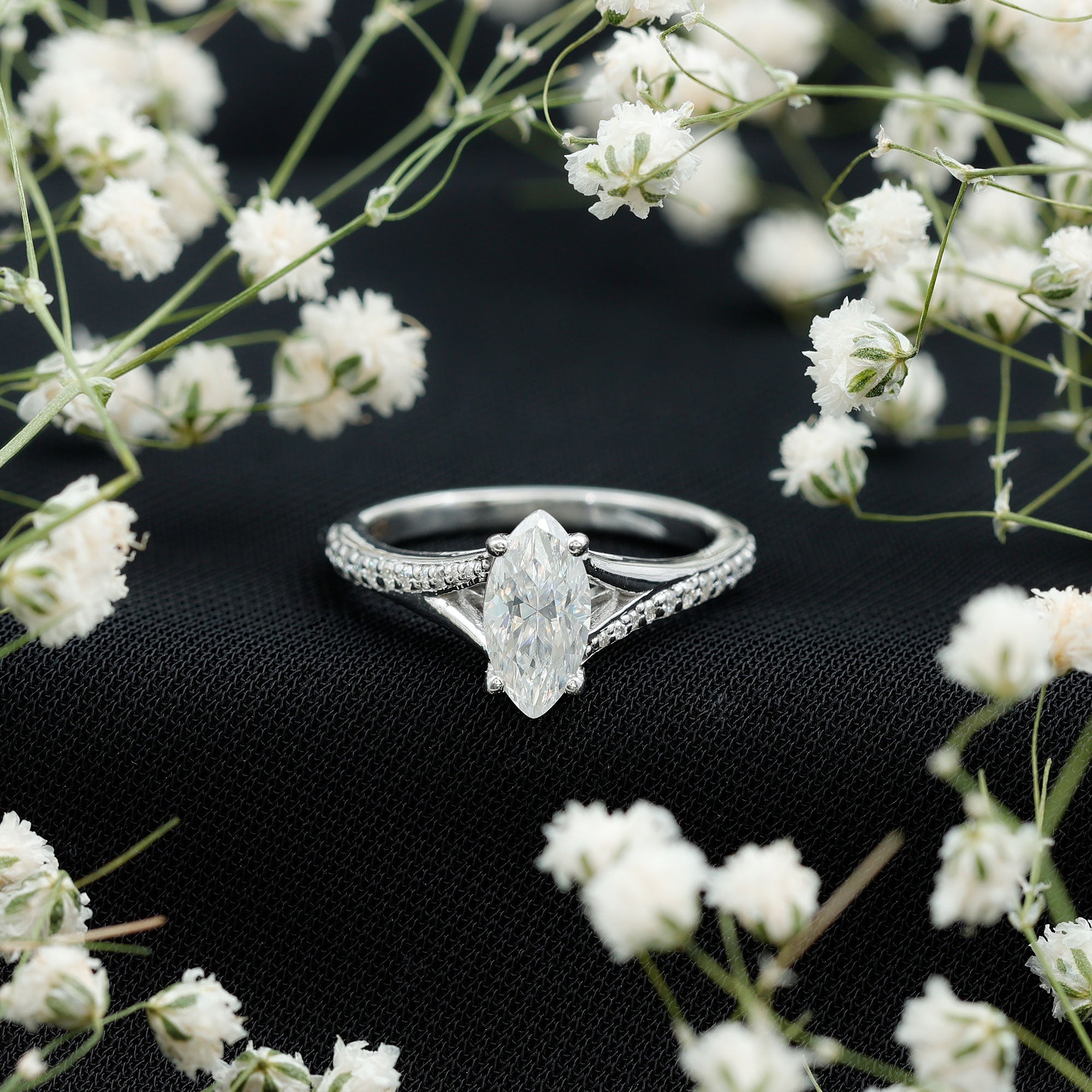 Marquise Cut Moissanite Solitaire Engagement Ring with Split Shank