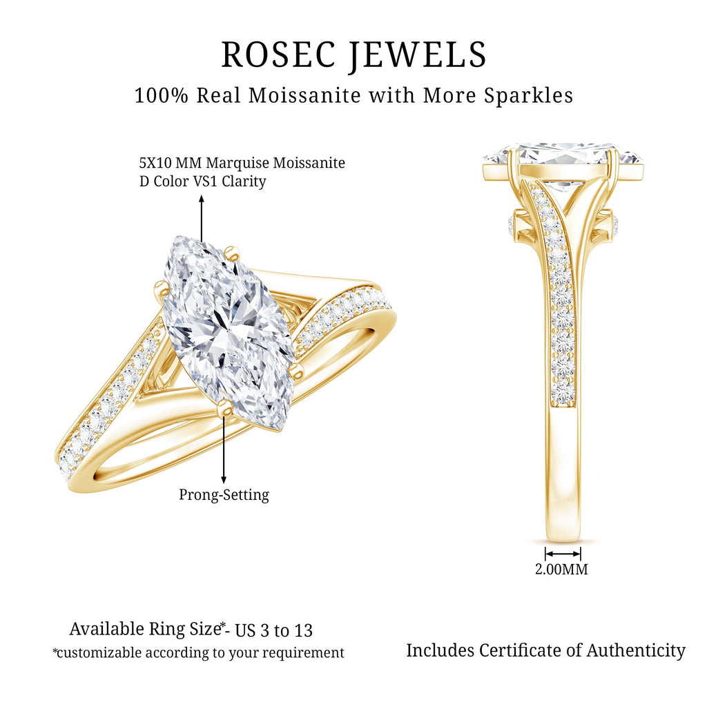 Marquise Cut Moissanite Solitaire Engagement Ring with Split Shank