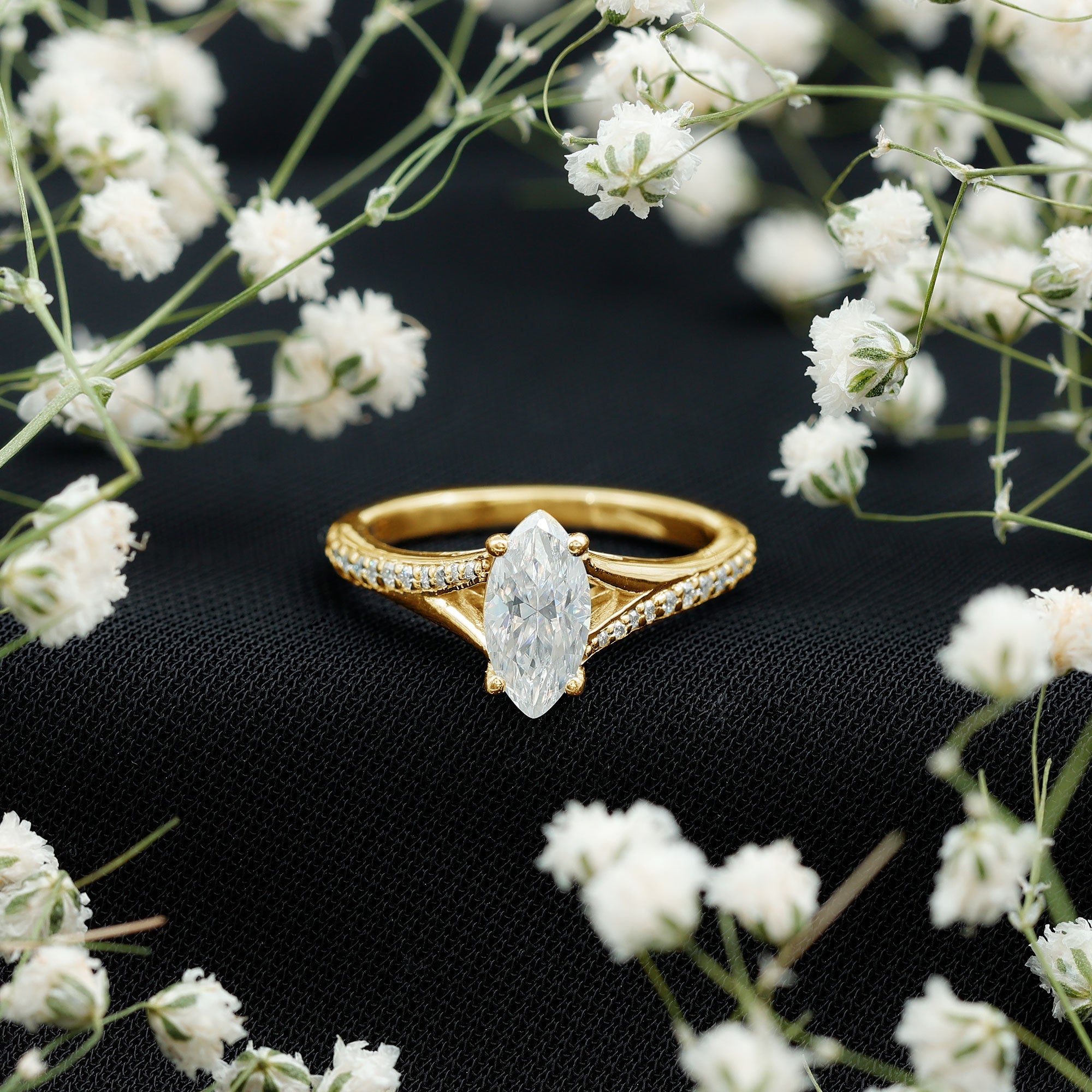 Marquise Cut Moissanite Solitaire Engagement Ring with Split Shank