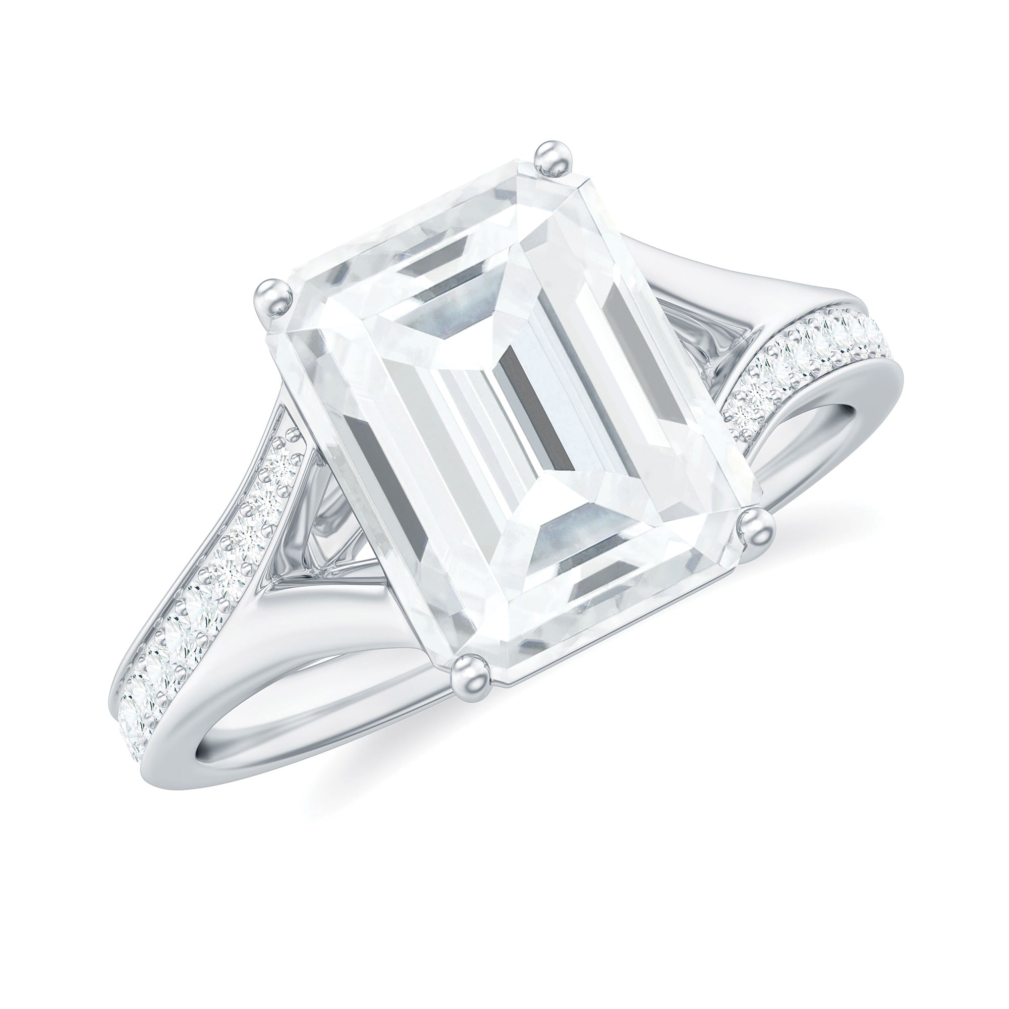 Emerald Cut Moissanite Solitaire Engagement Ring with Split Shank