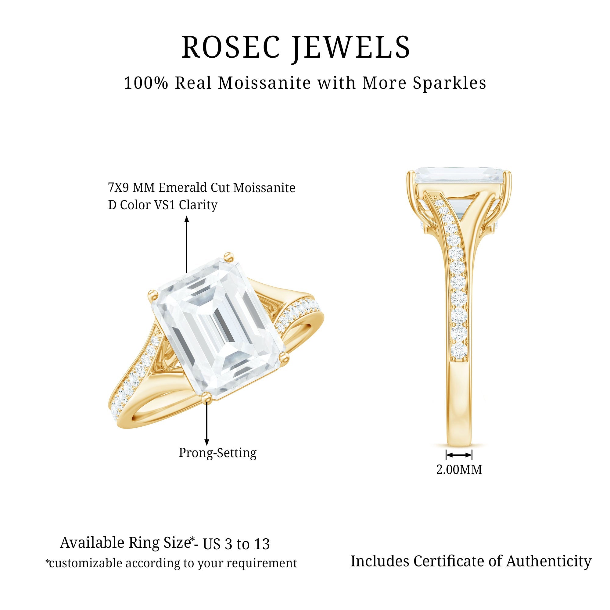 Emerald Cut Moissanite Solitaire Engagement Ring with Split Shank