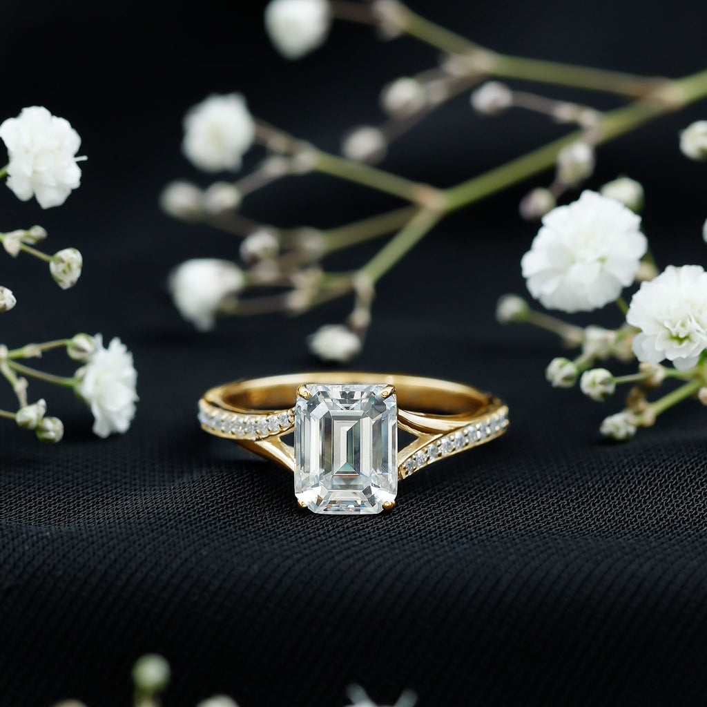 Emerald Cut Moissanite Solitaire Engagement Ring with Split Shank