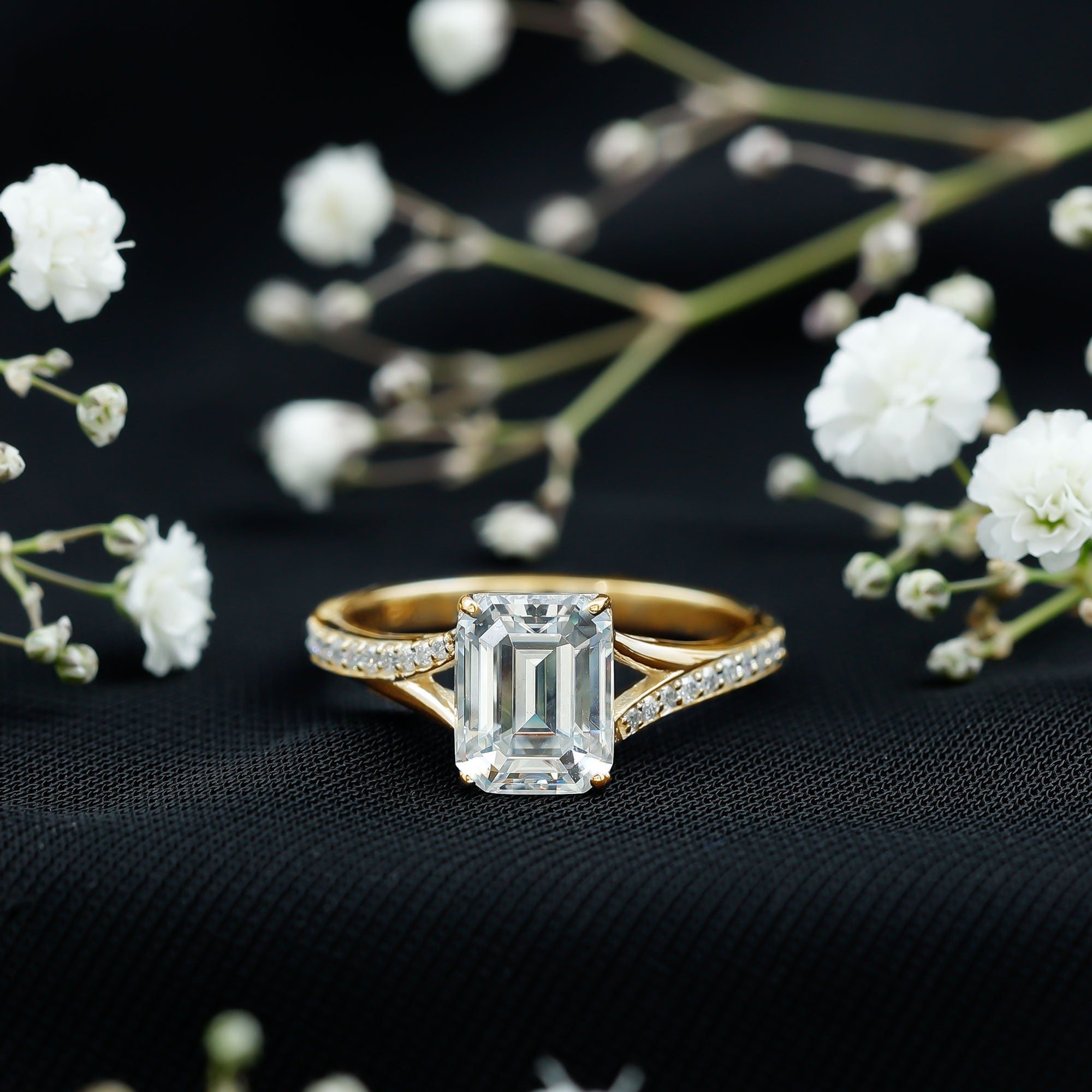 Emerald Cut Moissanite Solitaire Engagement Ring with Split Shank
