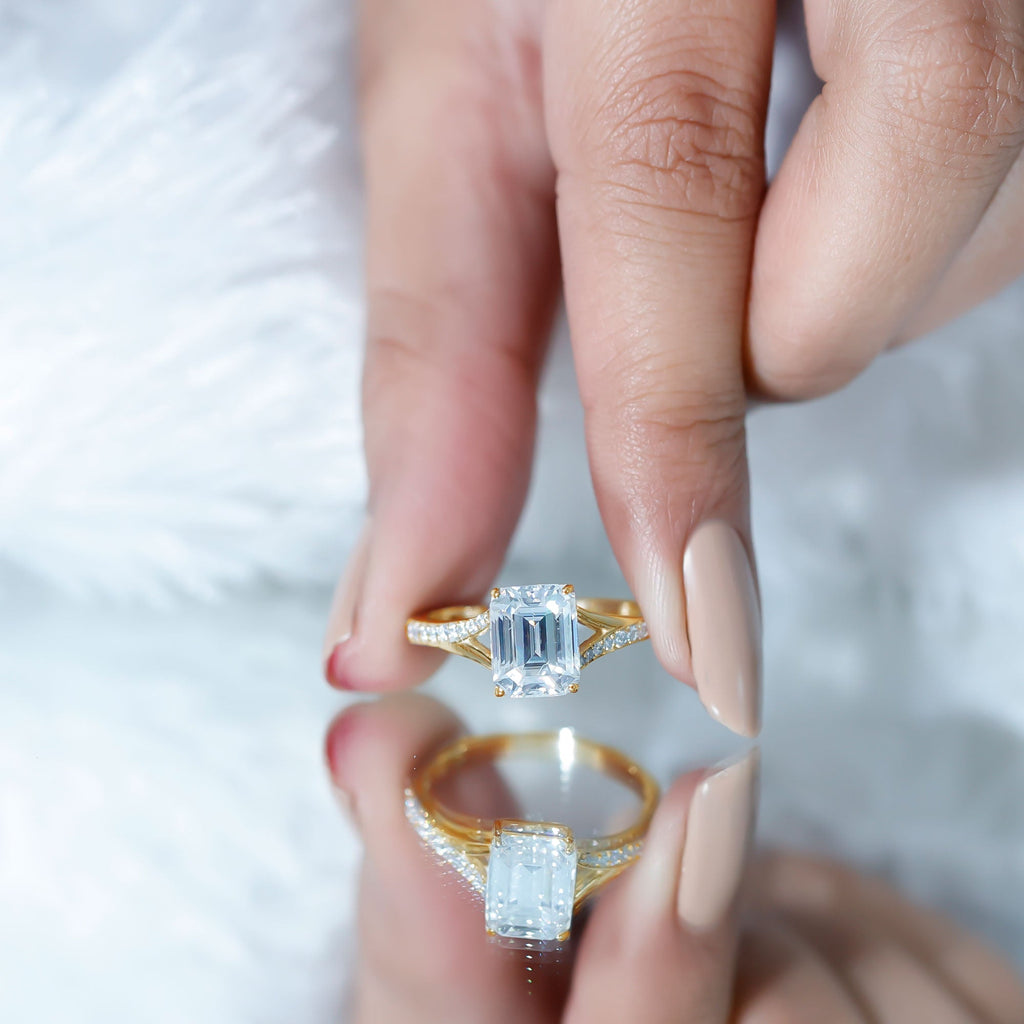 Emerald Cut Moissanite Solitaire Engagement Ring with Split Shank