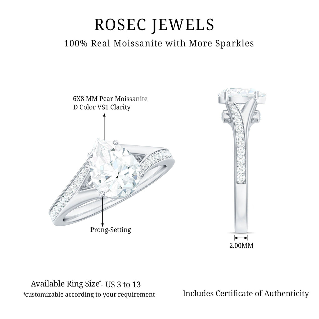 1.3 Carat Pear Cut Moissanite Solitaire Engagement Ring with Split Shank