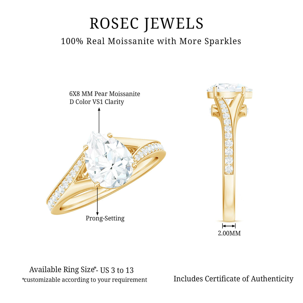 1.3 Carat Pear Cut Moissanite Solitaire Engagement Ring with Split Shank