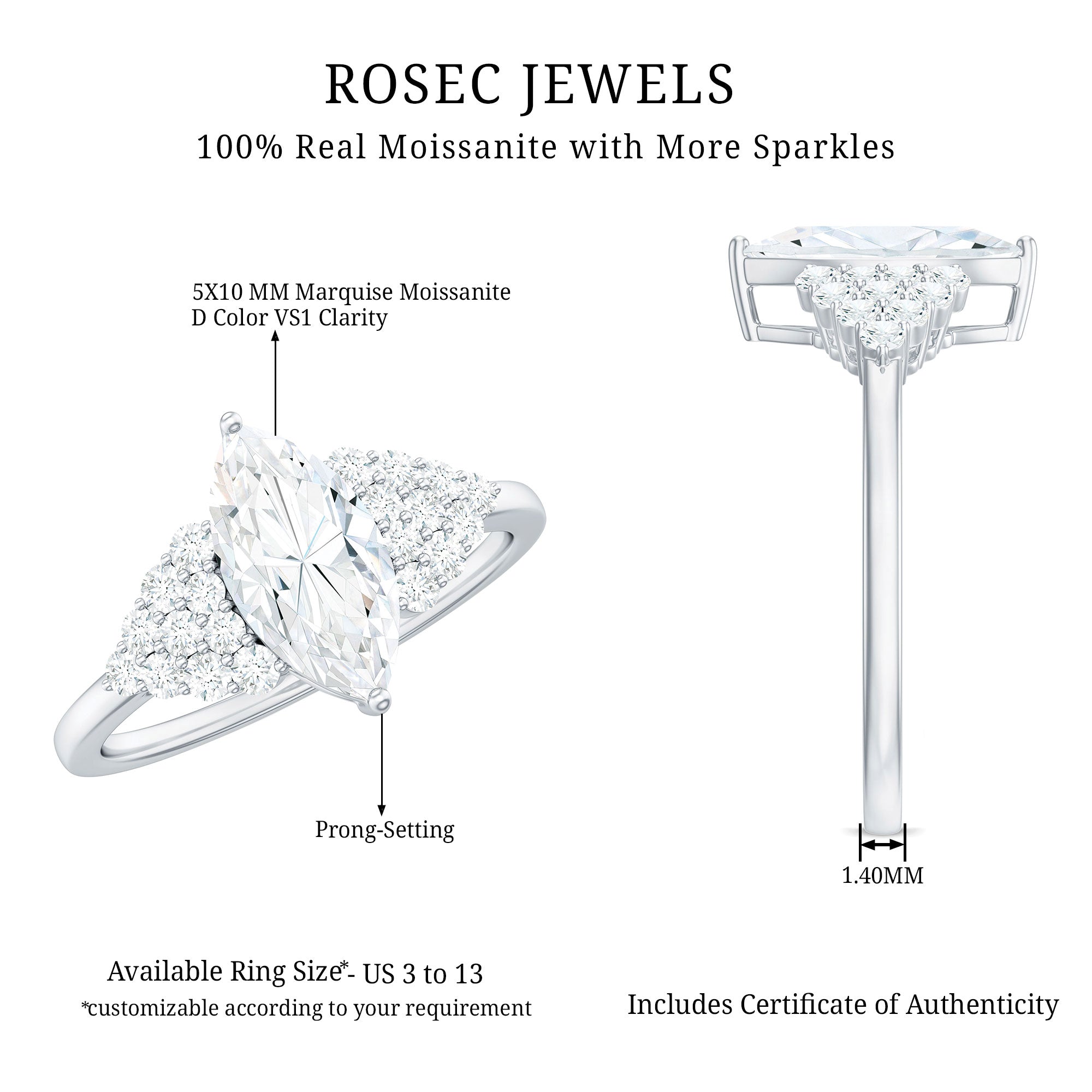 1 Carat Marquise Cut Moissanite Classic Engagement Ring
