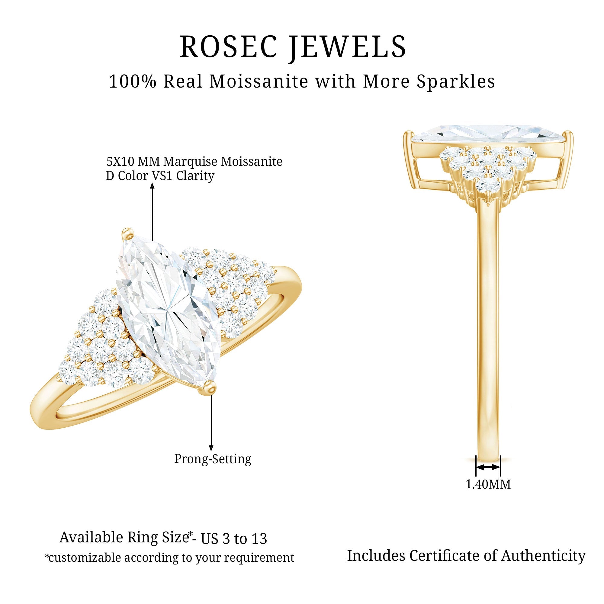 1 Carat Marquise Cut Moissanite Classic Engagement Ring