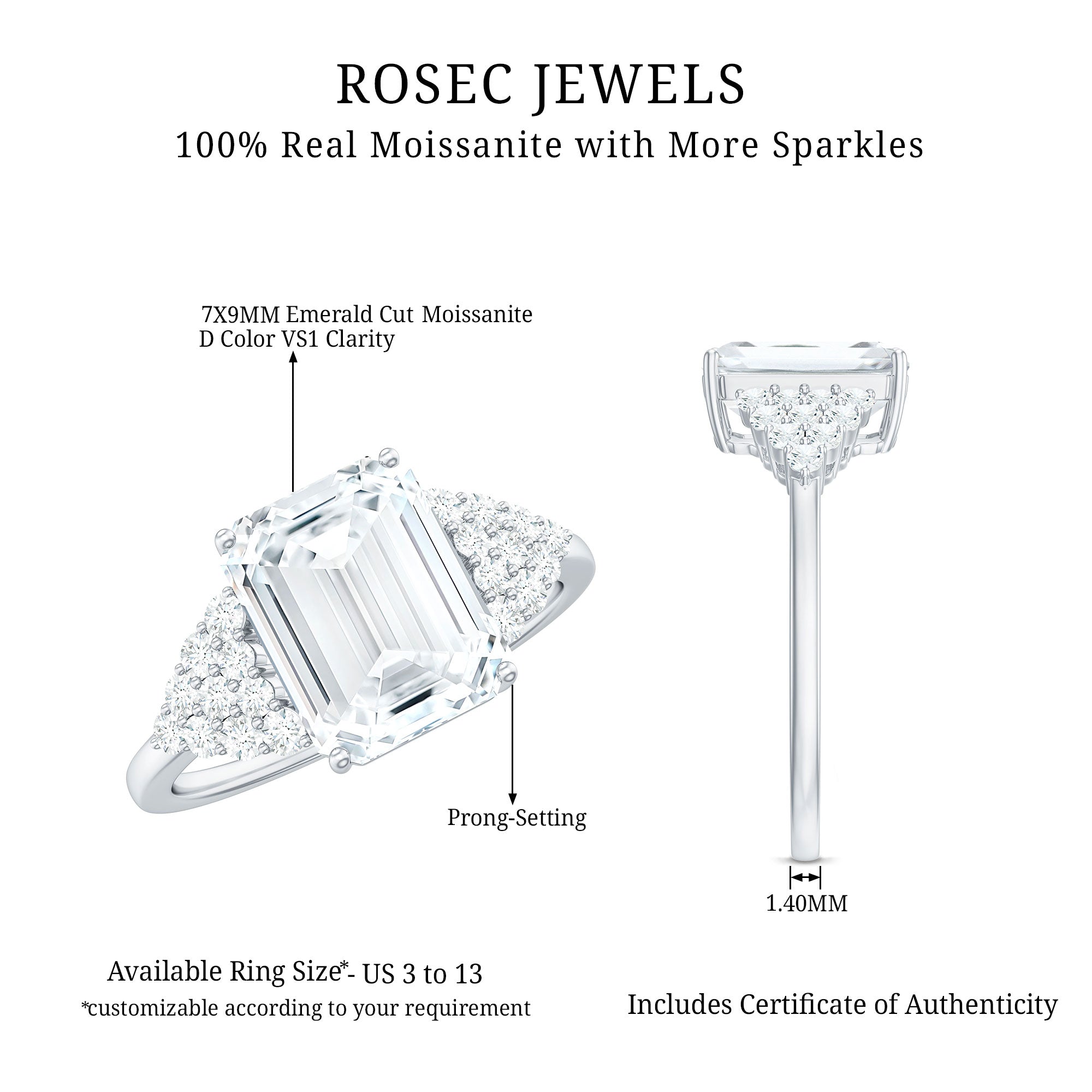 Certified Moissanite Emerald Cut Engagement Ring with Cluster Stones