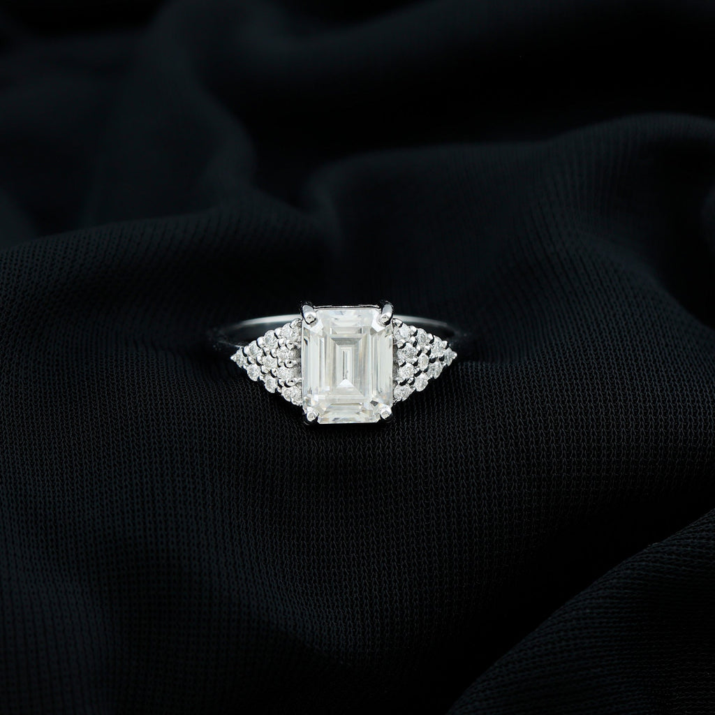 Certified Moissanite Emerald Cut Engagement Ring with Cluster Stones
