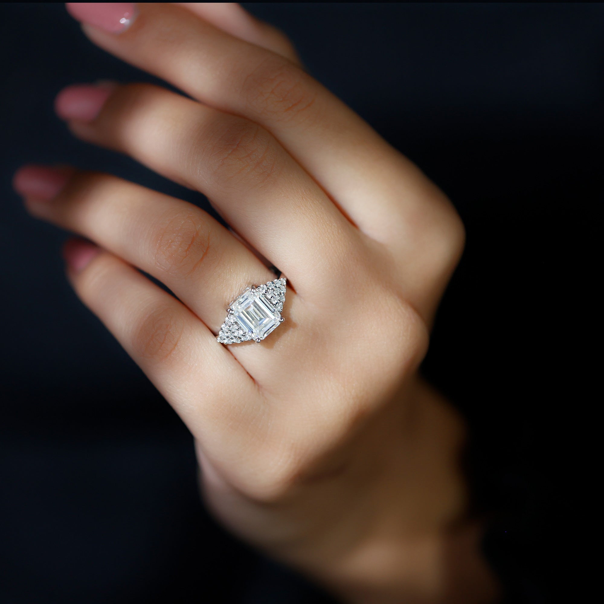 Certified Moissanite Emerald Cut Engagement Ring with Cluster Stones