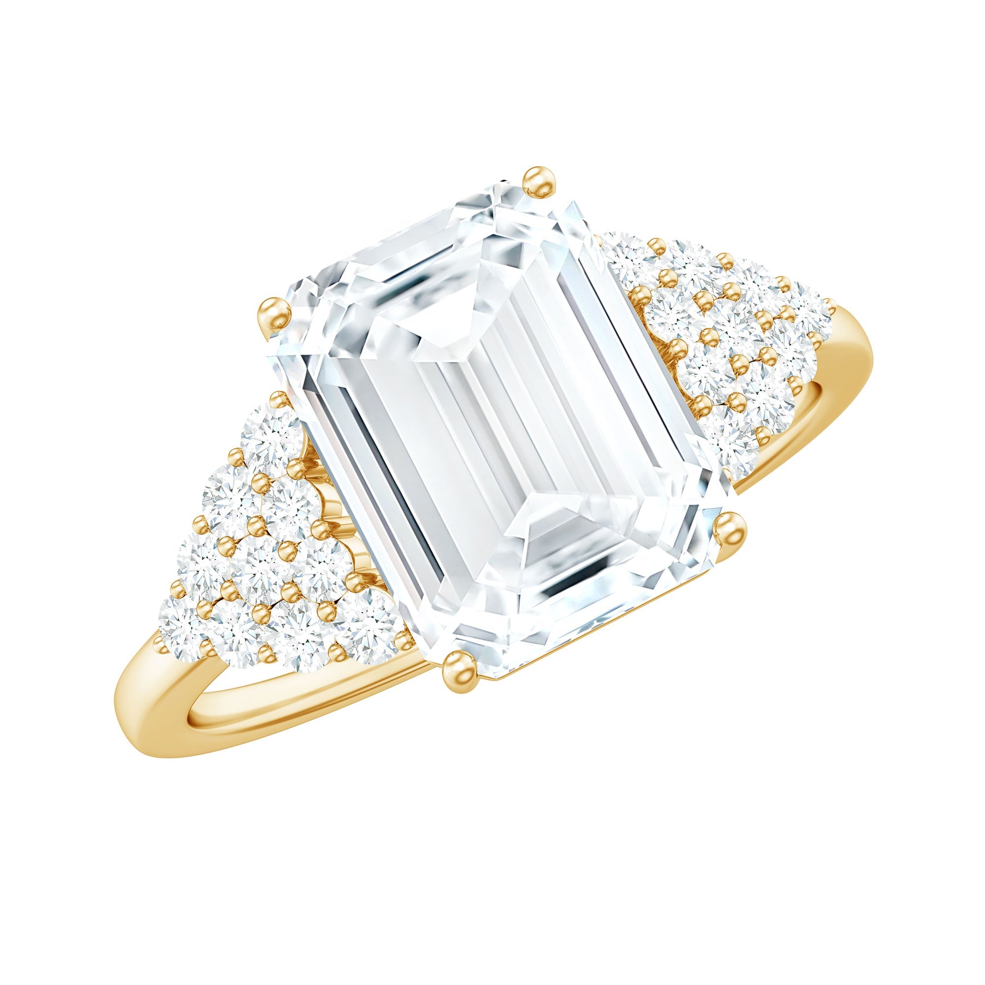 Certified Moissanite Emerald Cut Engagement Ring with Cluster Stones