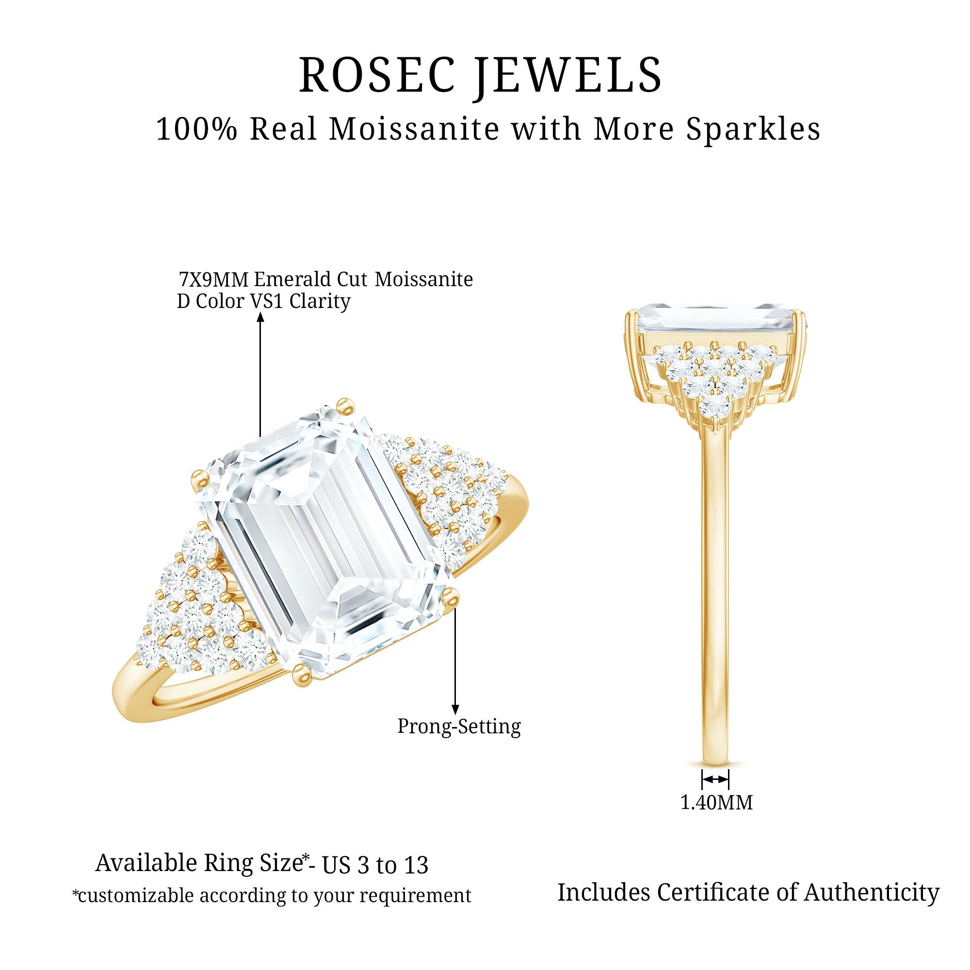 Certified Moissanite Emerald Cut Engagement Ring with Cluster Stones