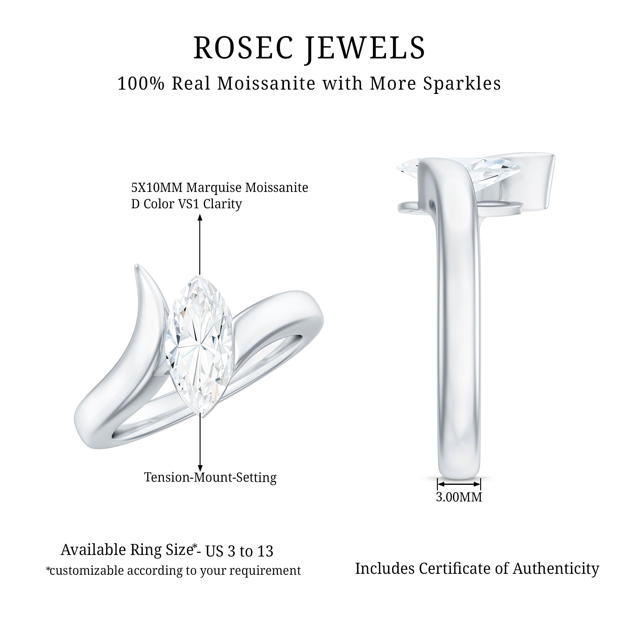 Moissanite Marquise Cut Engagement Ring In Tension Setting