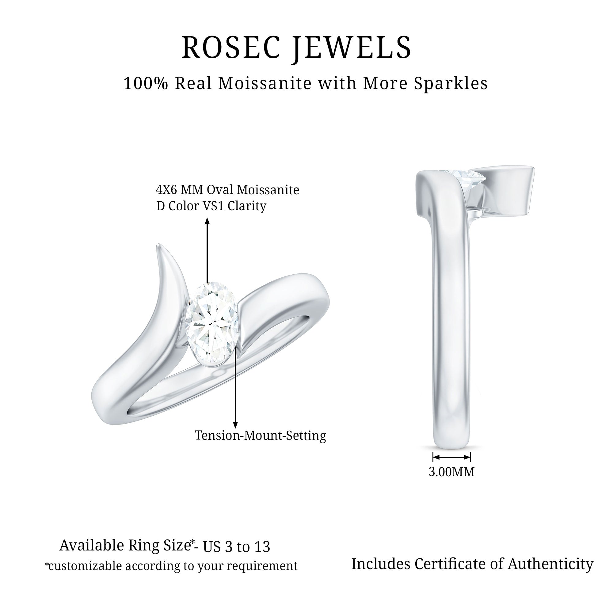 0.4 Carat Oval Cut Moissanite Solitaire Bypass Ring
