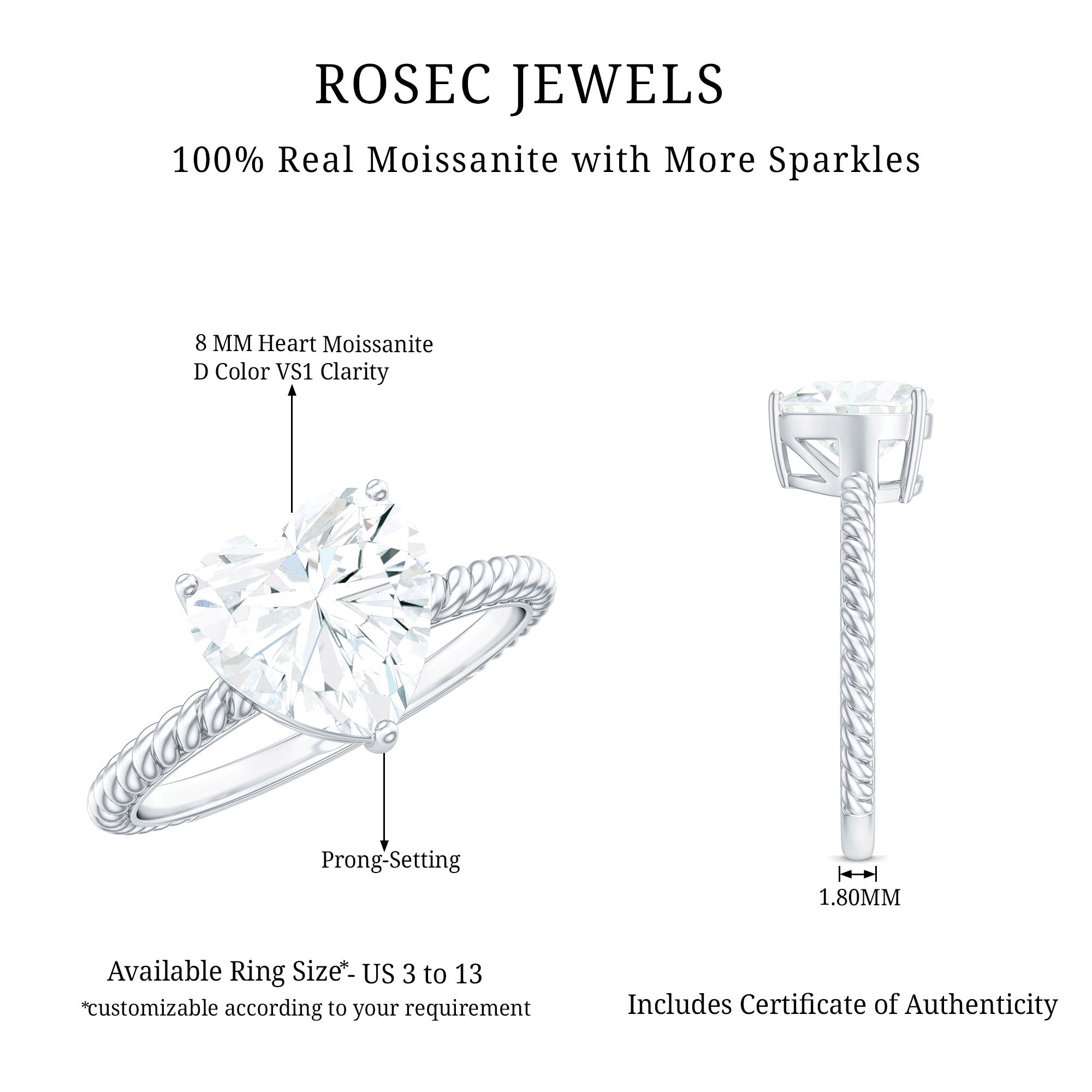 2 Carat Moissanite Engagement Ring with Twisted Rope Shank