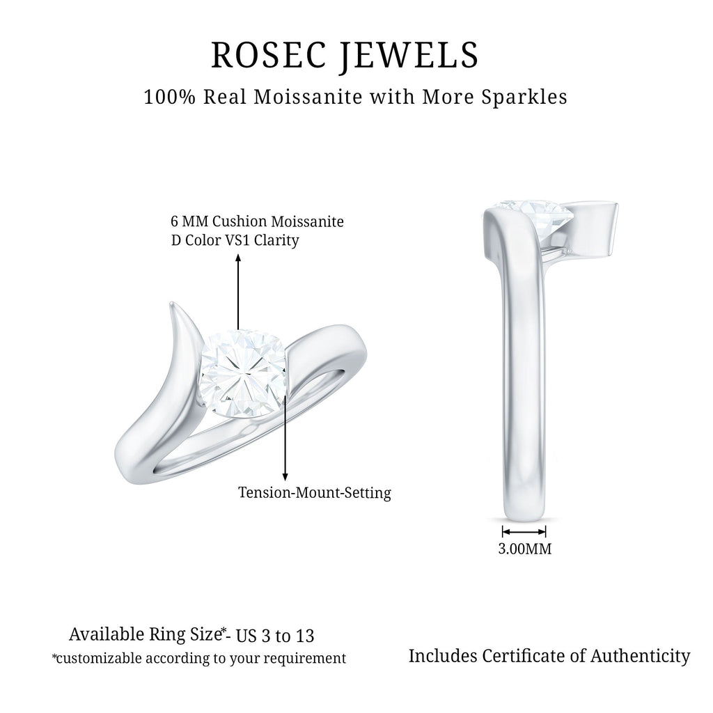 1.7 Carat Cushion Cut Moissanite Solitaire Engagement Ring with Bypass Shank