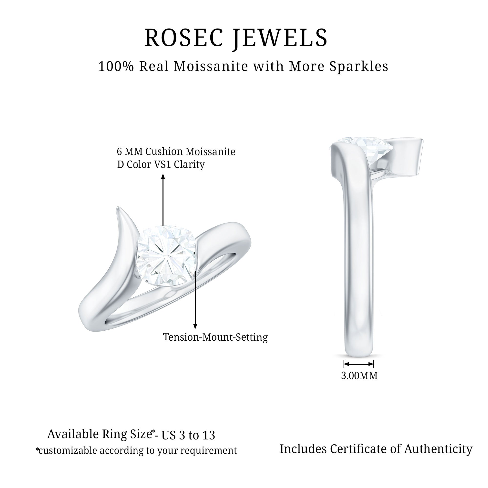 1.7 Carat Cushion Cut Moissanite Solitaire Engagement Ring with Bypass Shank
