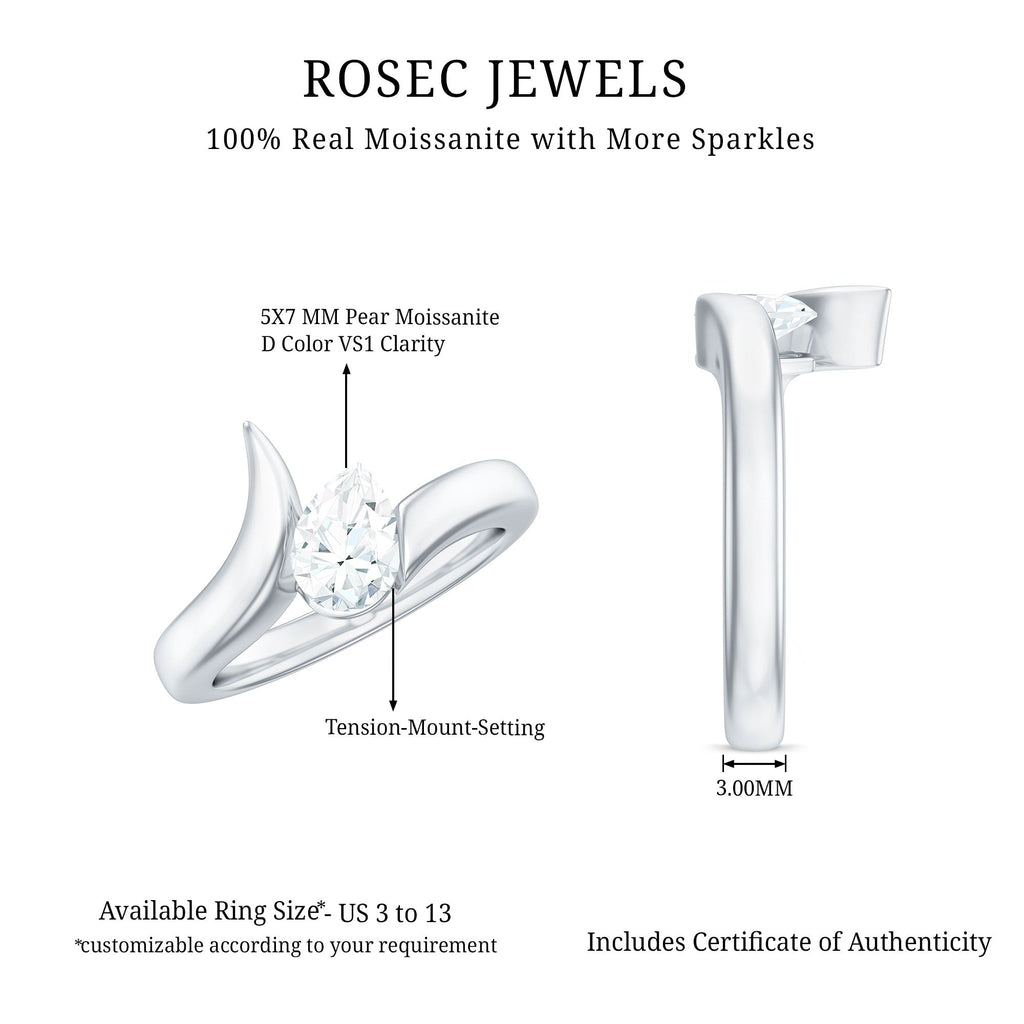 0.7 Carat Pear Cut Moissanite Solitaire Ring with Bypass Shank