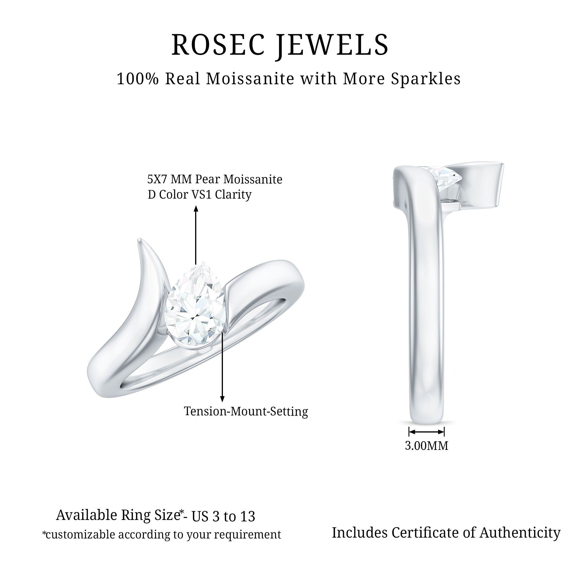 0.7 Carat Pear Cut Moissanite Solitaire Ring with Bypass Shank