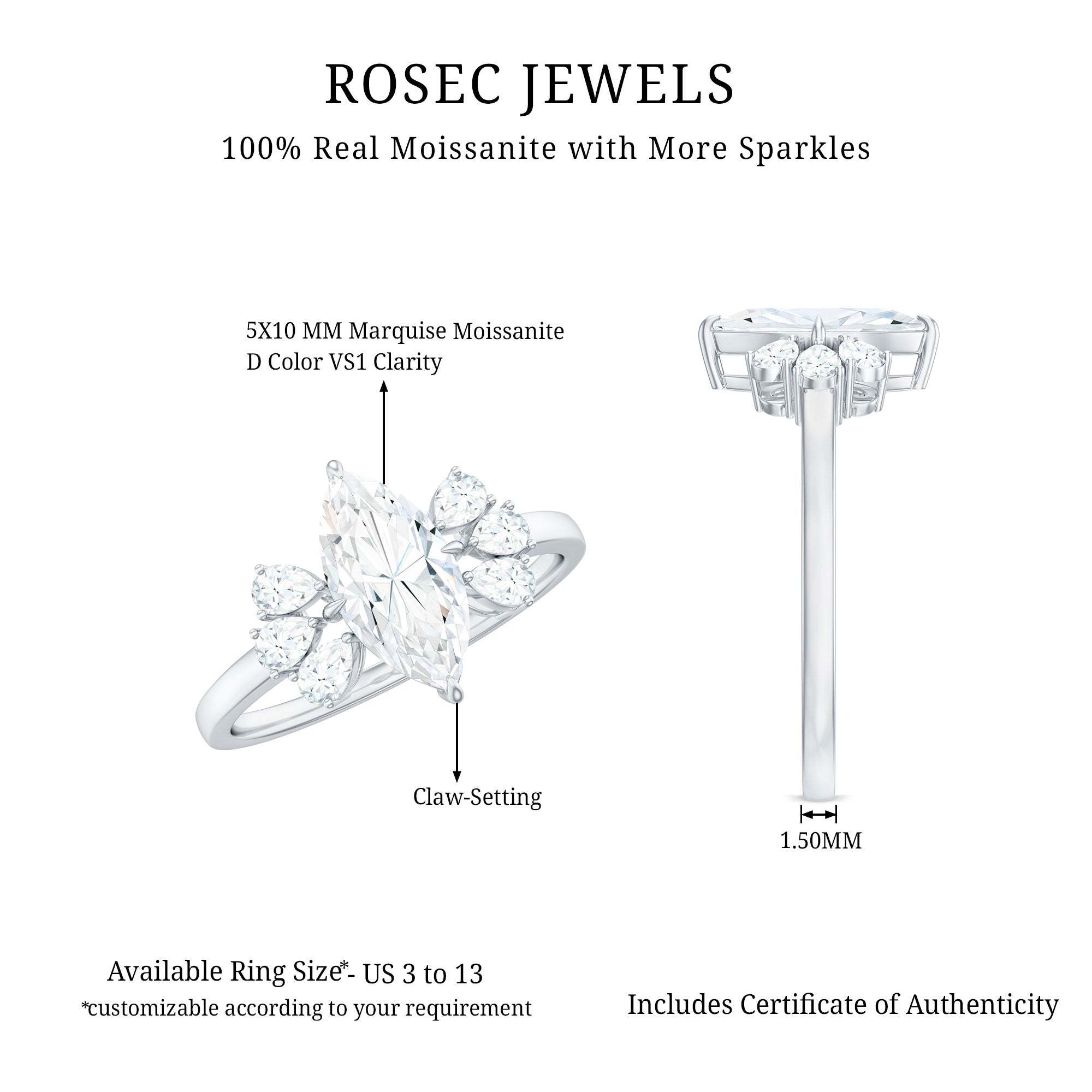 Marquise Cut Moissanite Engagement Ring with Trio
