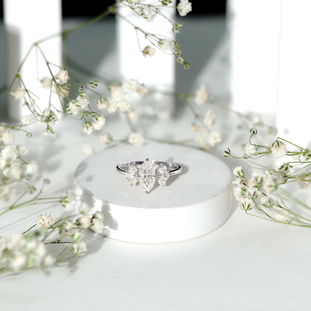 Marquise Cut Moissanite Engagement Ring with Trio