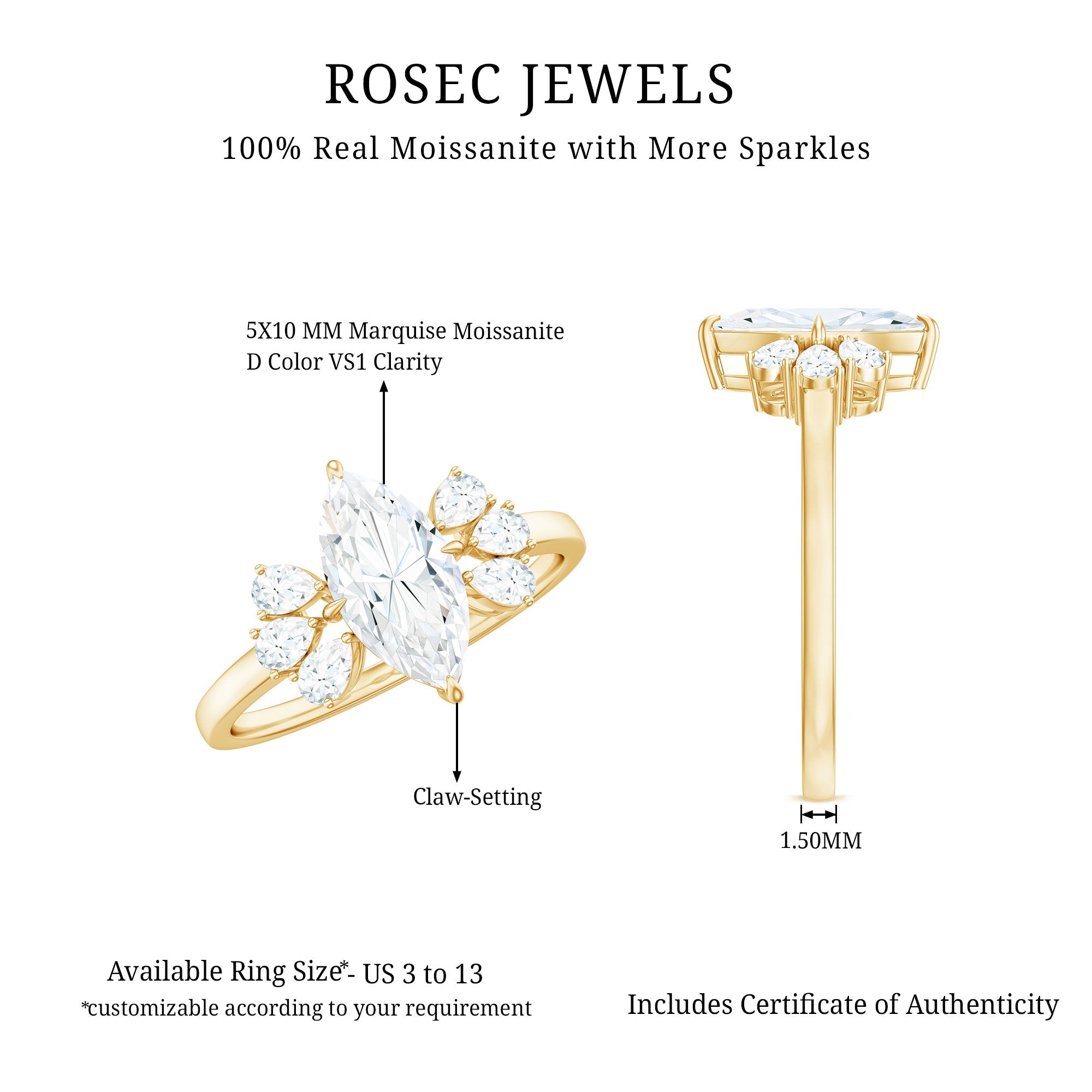 Marquise Cut Moissanite Engagement Ring with Trio