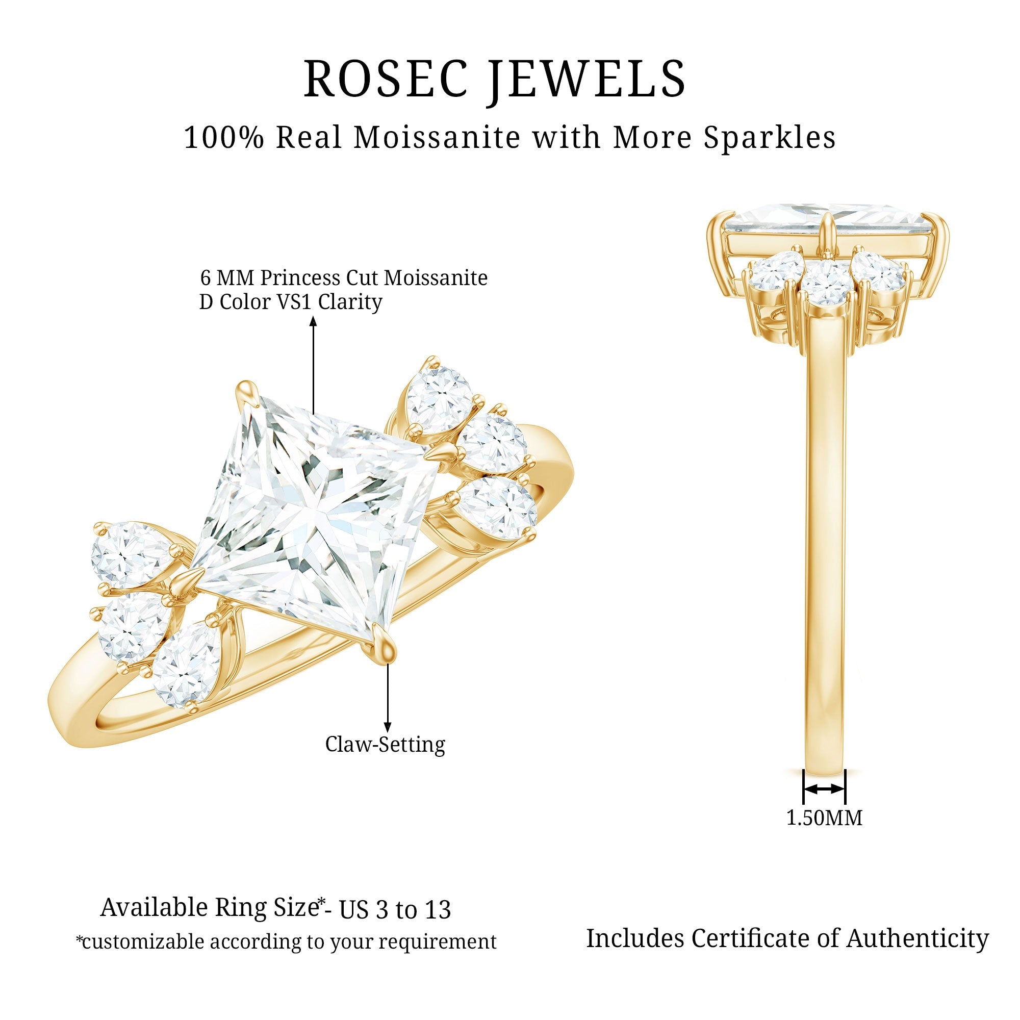 1.2 Carat Princess Cut Moissanite Cluster Engagement Ring
