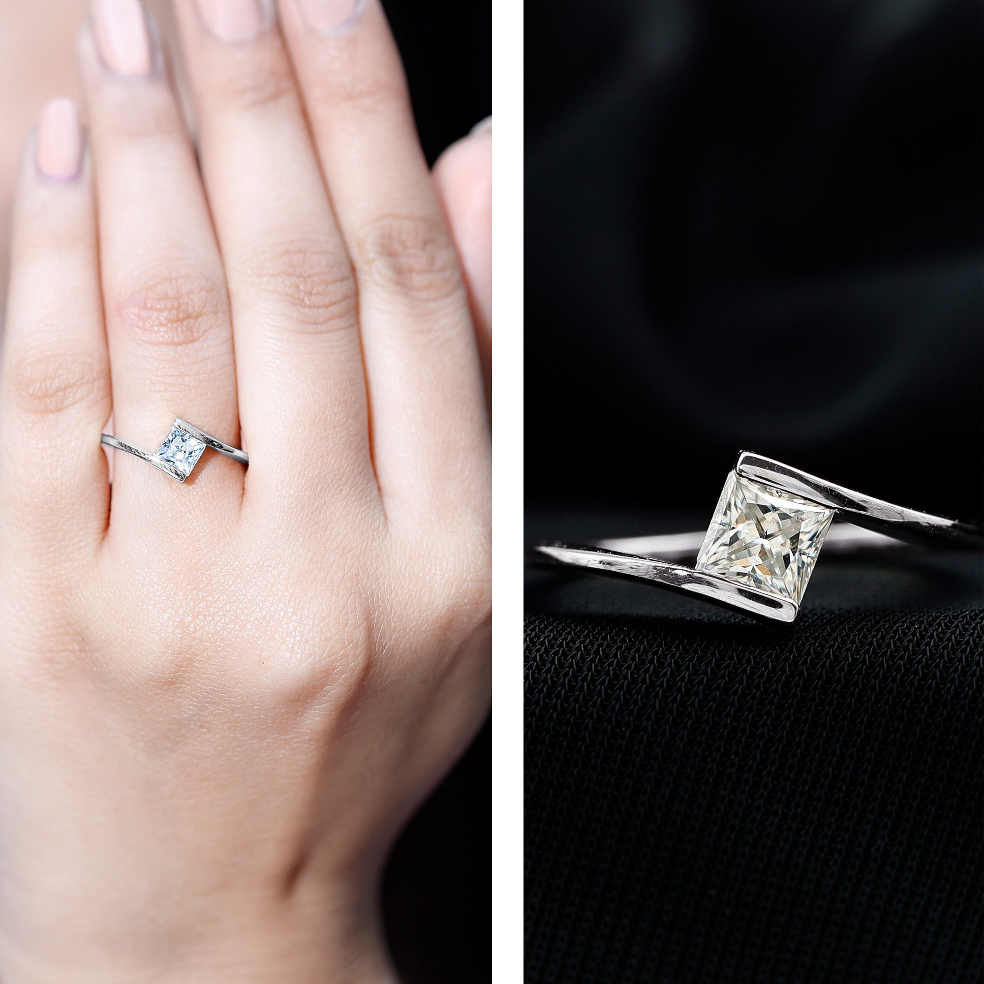 Classic Princess Cut Moissanite Solitaire Bypass Ring
