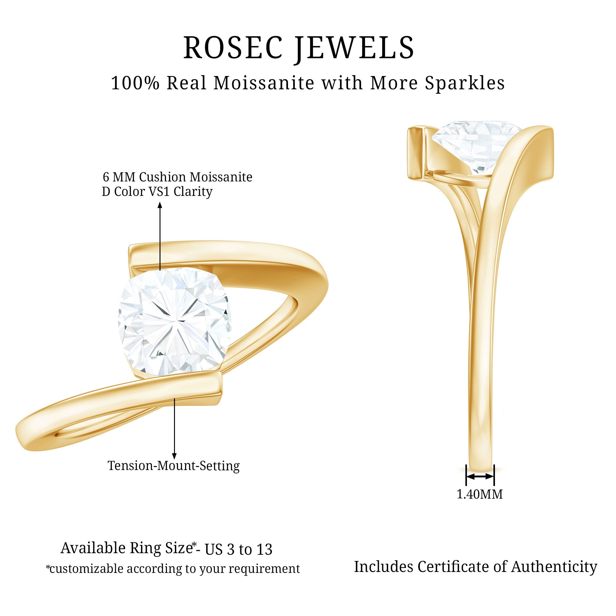 1.7 Carat Cushion Cut Moissanite Solitaire Engagement Ring