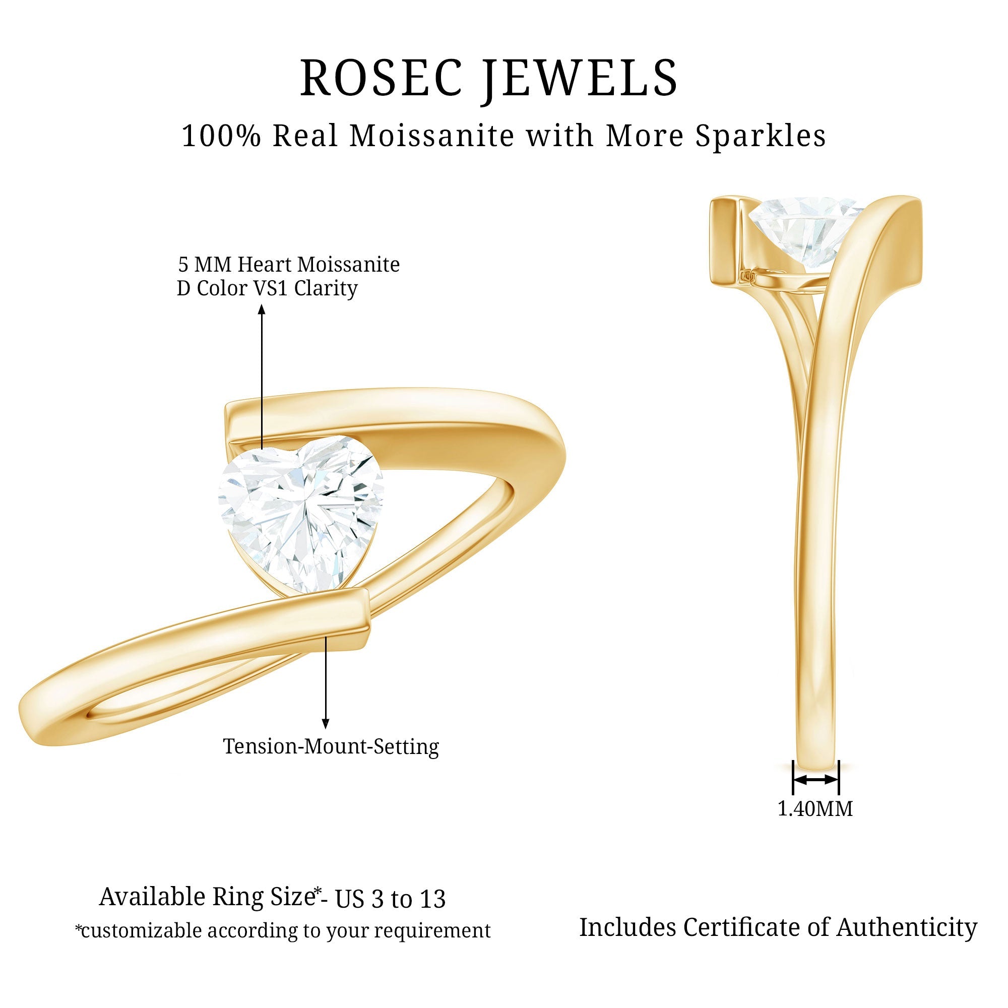 0.5 Carat Heart Moissanite Solitaire Promise Ring with Bypass Shank