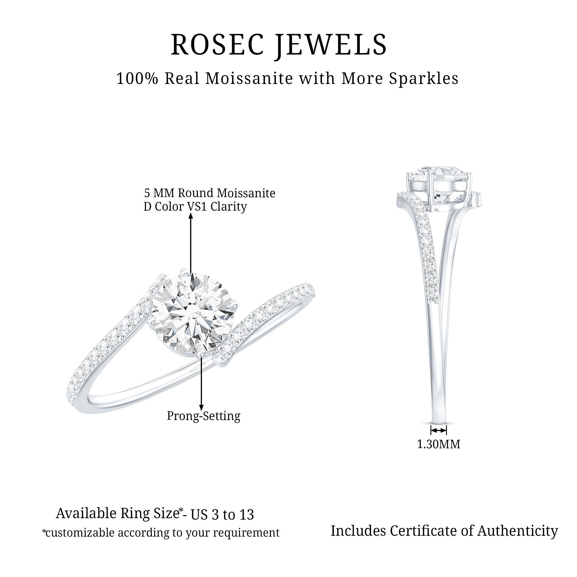 Certified Brilliant Cut Moissanite Solitaire Promise Ring with Bypass Shank