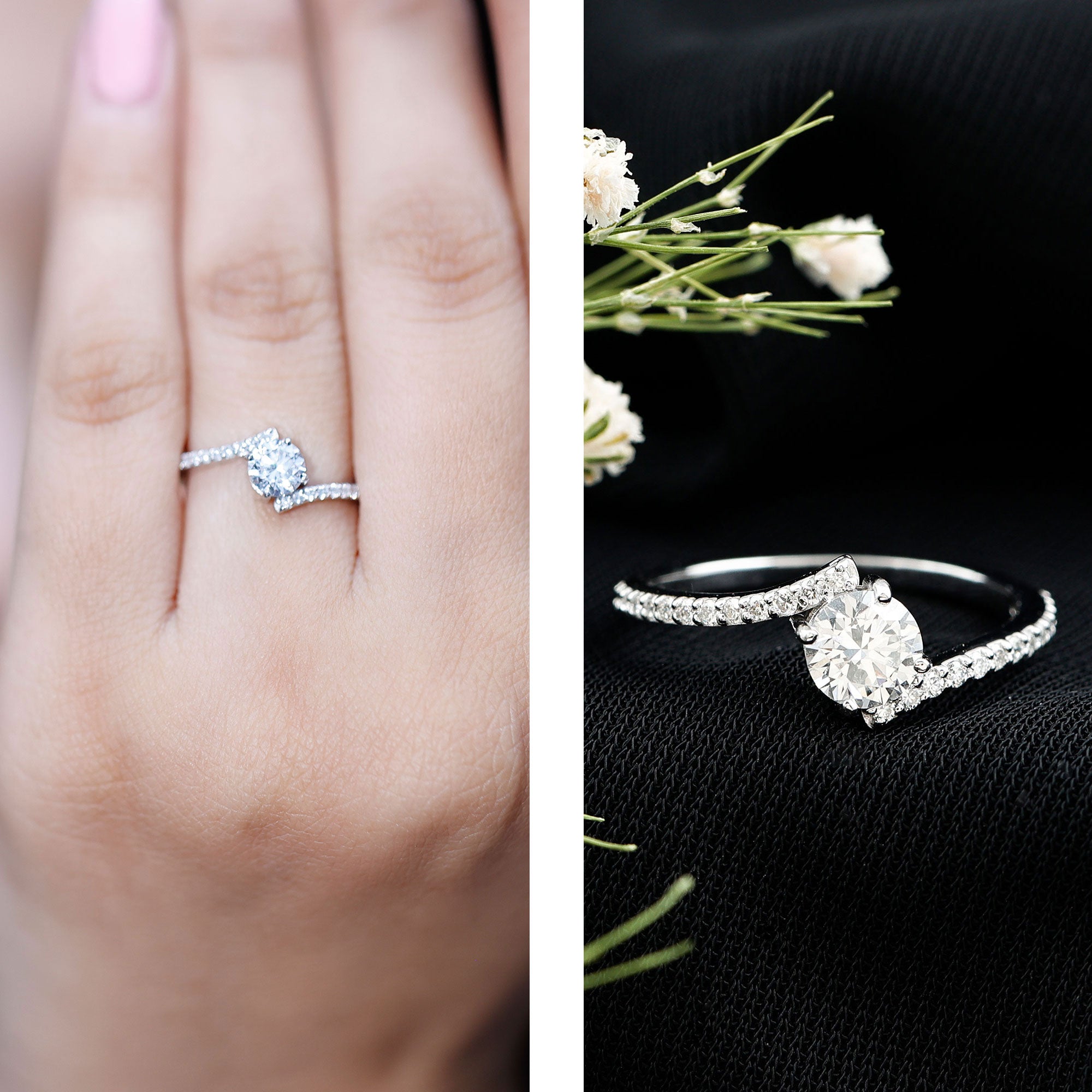 Certified Brilliant Cut Moissanite Solitaire Promise Ring with Bypass Shank